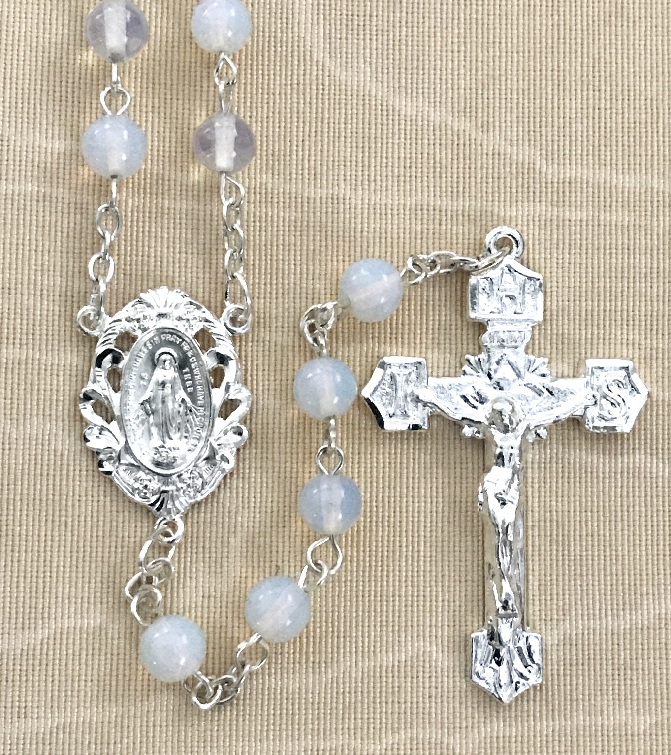 6mm OPAL GEMSTONE ROSARY WITH STERLING SILVER PLATED CRUCIFIX AND CENTER GIFT BOXED