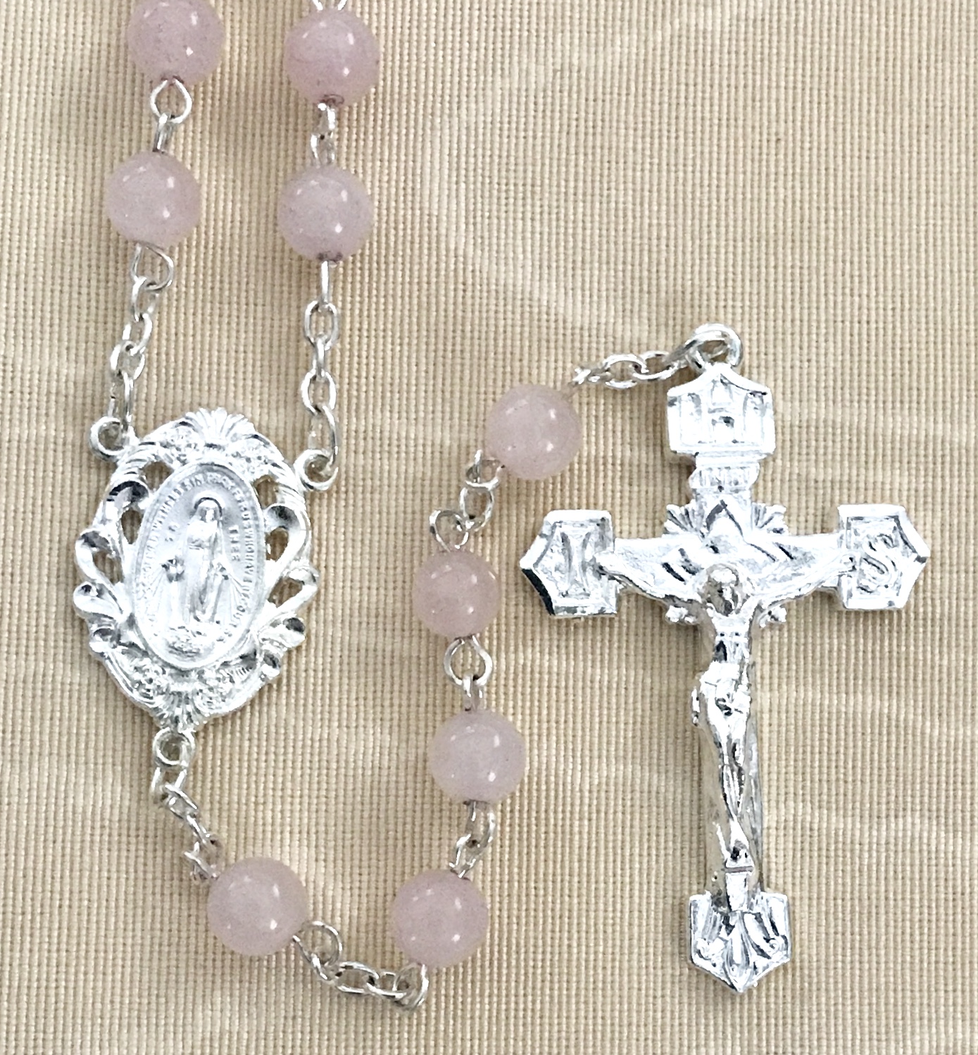 6mm ROSE QUARTZ GEMSTONE ROSARY WITH STRERLING SILVER PLATED CRUCIFIX AND CENTER GIFT BOXED
