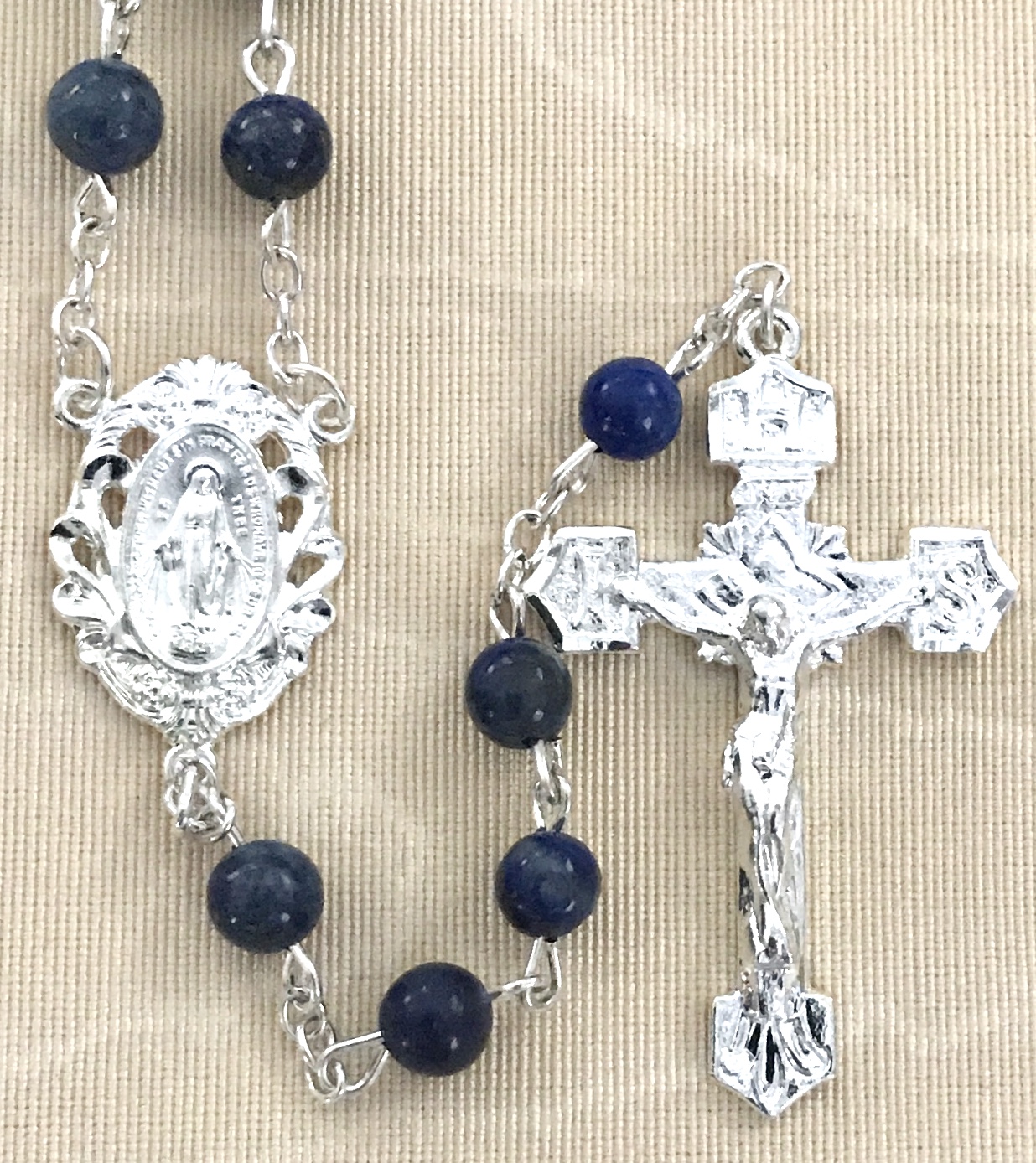 6mm LAPIS GEMSTONE ROSARY WITH STERLING SILVER PLATED CRUCIFIX AND CENTER GIFT BOXED