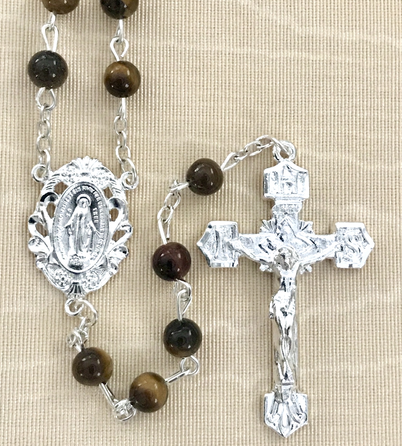 6mm TIGERS EYE GEMSTONE ROSARY WITH STERLING SILVER PLATED CRUCIFIX AND CENTER GIFT BOXED