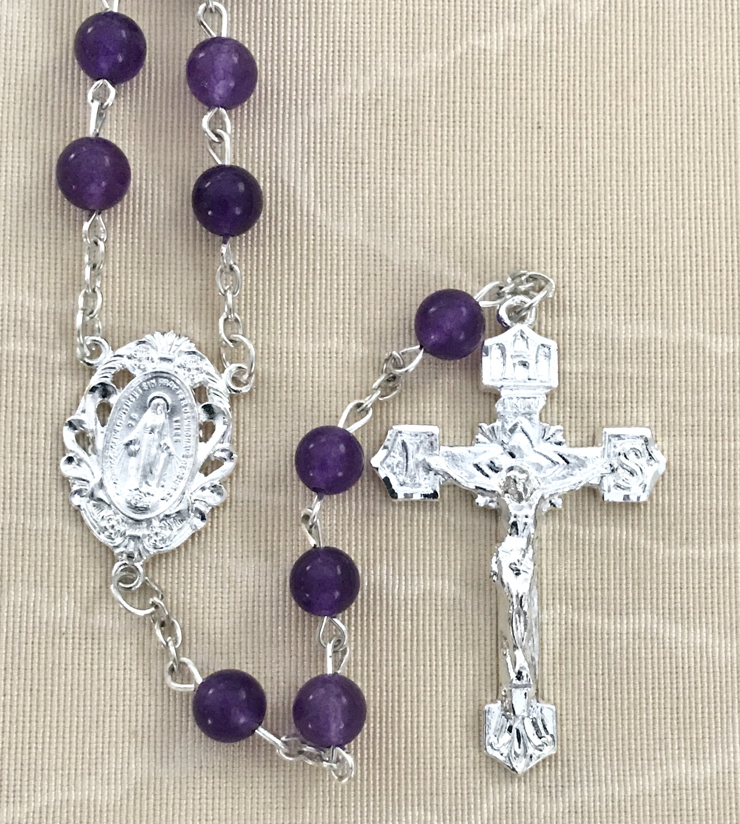 6mm AMETHYST GEMSTONE ROSARY WITH STERLING SILVER PLATED CRUCIFIX AND CENTER GIFT BOXED