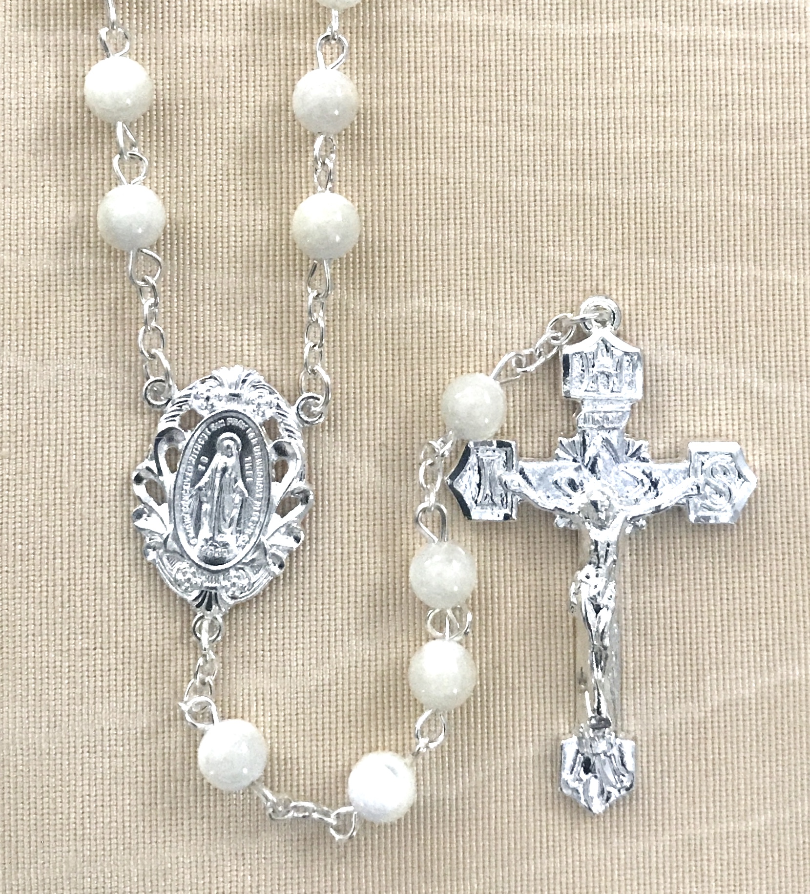 6MM MOTHER OF PEARL GEMSTONE ROSARY WITH STERLING SILVER PLATED CRUCIFIX AND CENTER GIFT BOXED