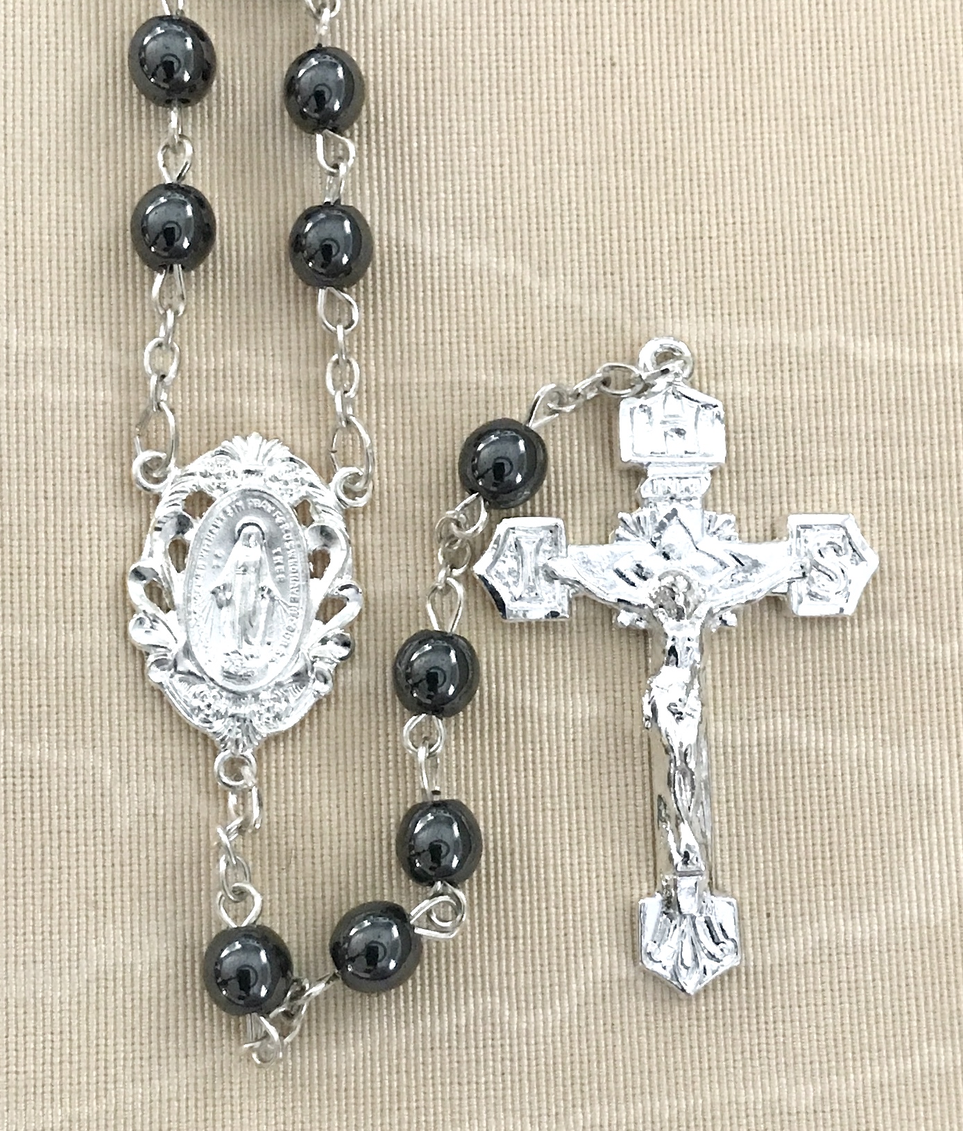 6mm HEMATITE GEMSTONE ROSARY WITH STERLING SILVER PLATED CRUCIFIX AND CENTER GIFT BOXED