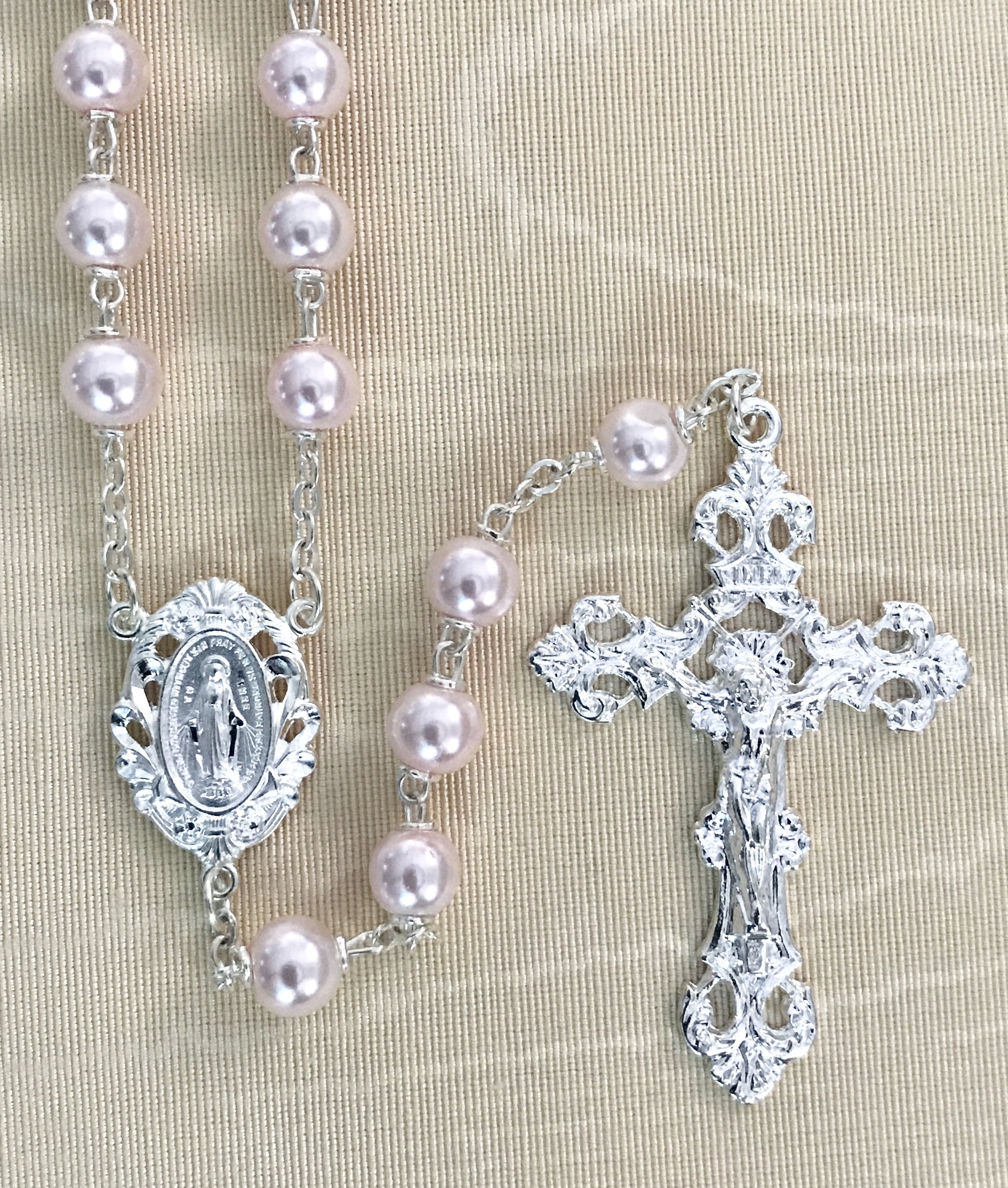 7mm ROUND PINK PEARL ROSARY WITH STERLING SILVER PLATED CRUCIFIX AND ...