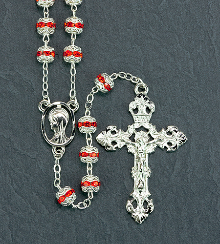 8mm SILVER/RUBY ROSARY with HAND ENGRAVED CROSS & CENTER
