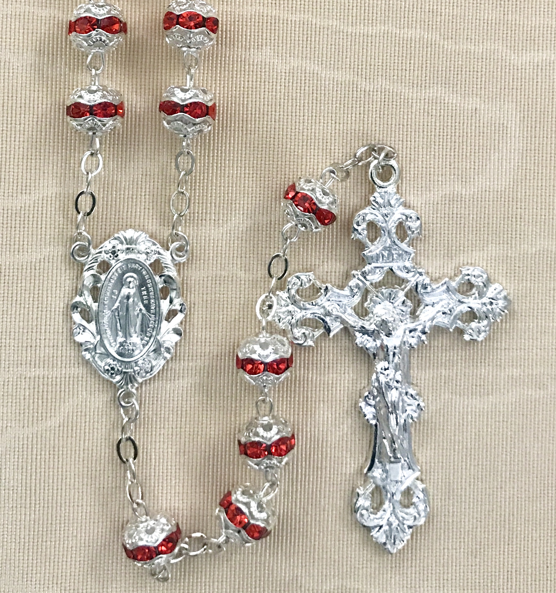8mm SILVER/RUBY ROSARY WITH STERLING SILVER PLATED CRUCIFIX AND CENTER GIFT BOXED
