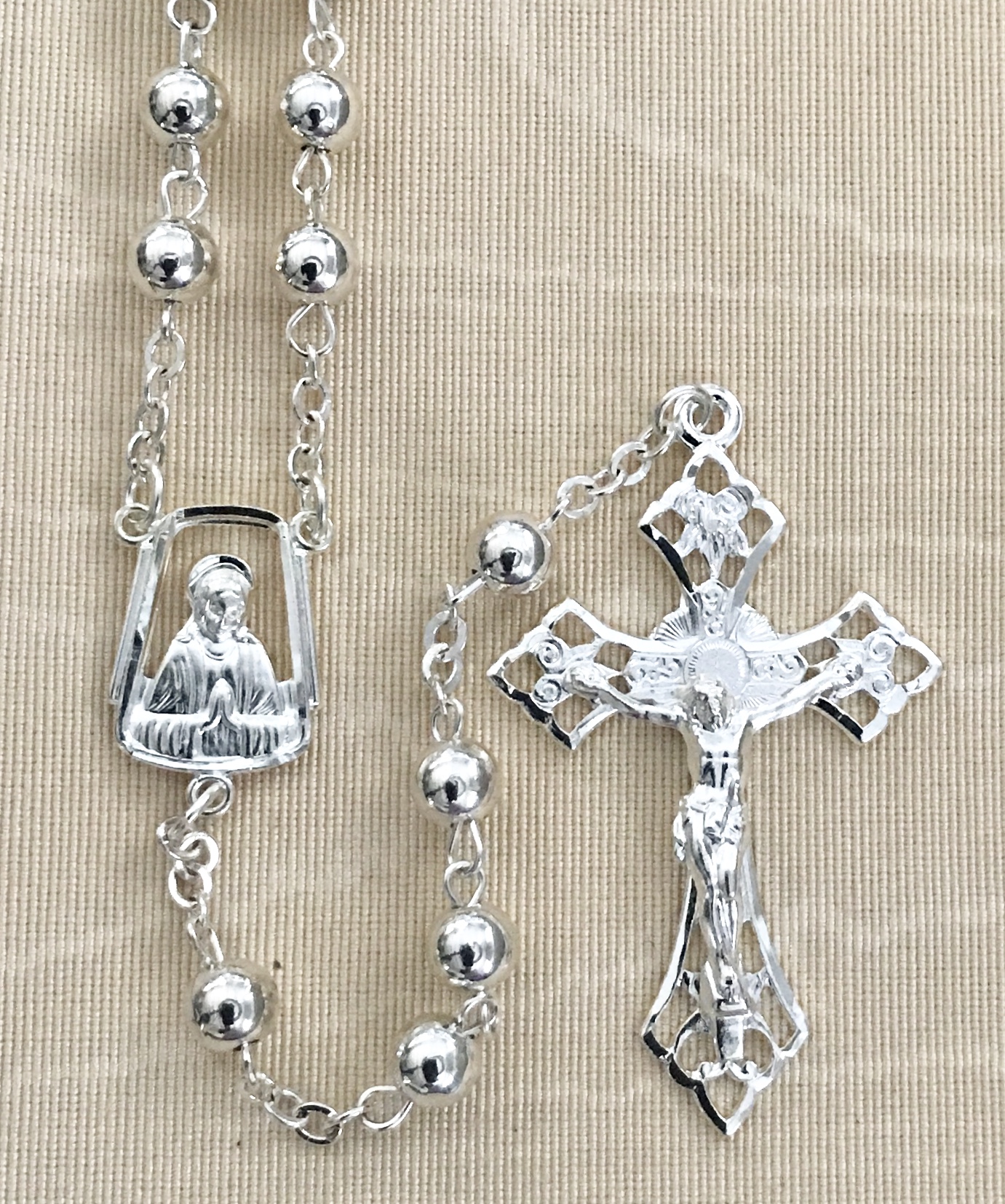 6mm SILVER BEAD ROSARY WITH STERLING SILVER PLATED CRUCIFIX AND CENTER GIFT BOXED