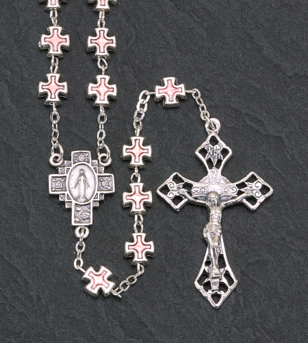 Pink Metal Cross Bead Rosary