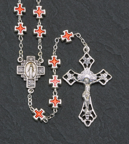 Ruby Metal Cross Bead Rosary