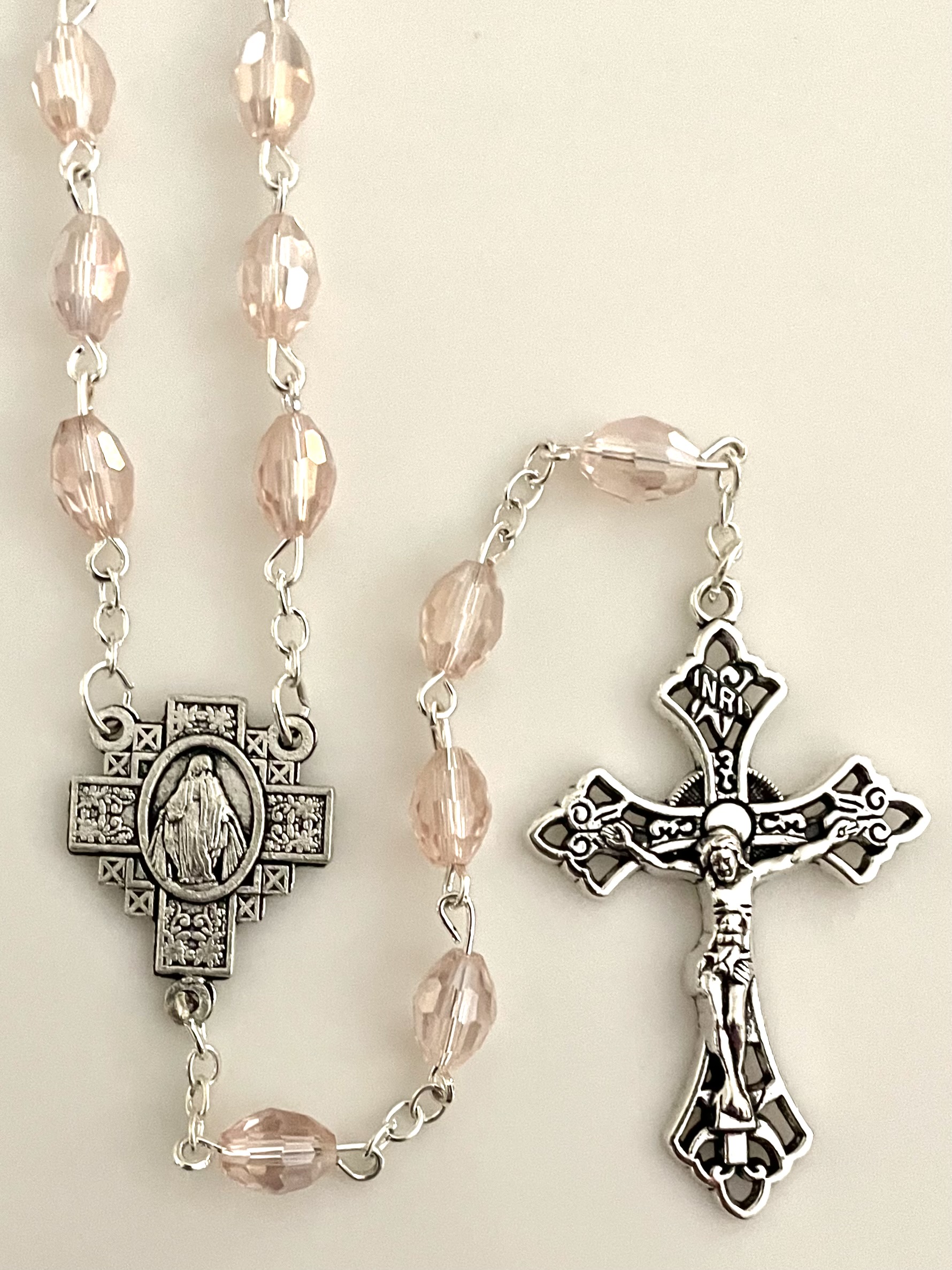 7x5mm TIN CUT ROSE ROSARY WITH SILVER OXIDIZED CRUCIFIX AND CENTER GIFT BOXED 
