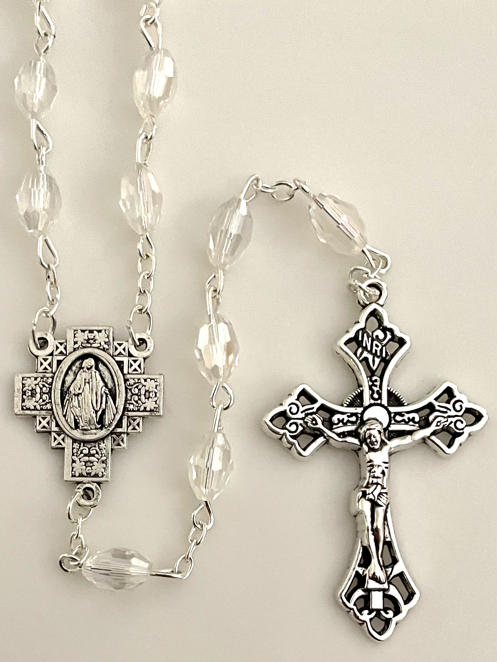 7x5mm TIN CUT CRYTAL ROSARY WITH SILVER OXIDIZED CRUCIFIX AND CENTER GIFT BOXED 