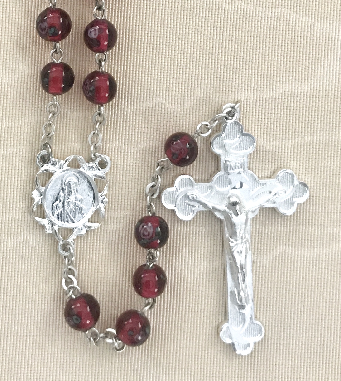 6mm HAND PAINTED RUBY LAMP BEAD STERLING SILVER PLATED ROSARY GIFT BOXED