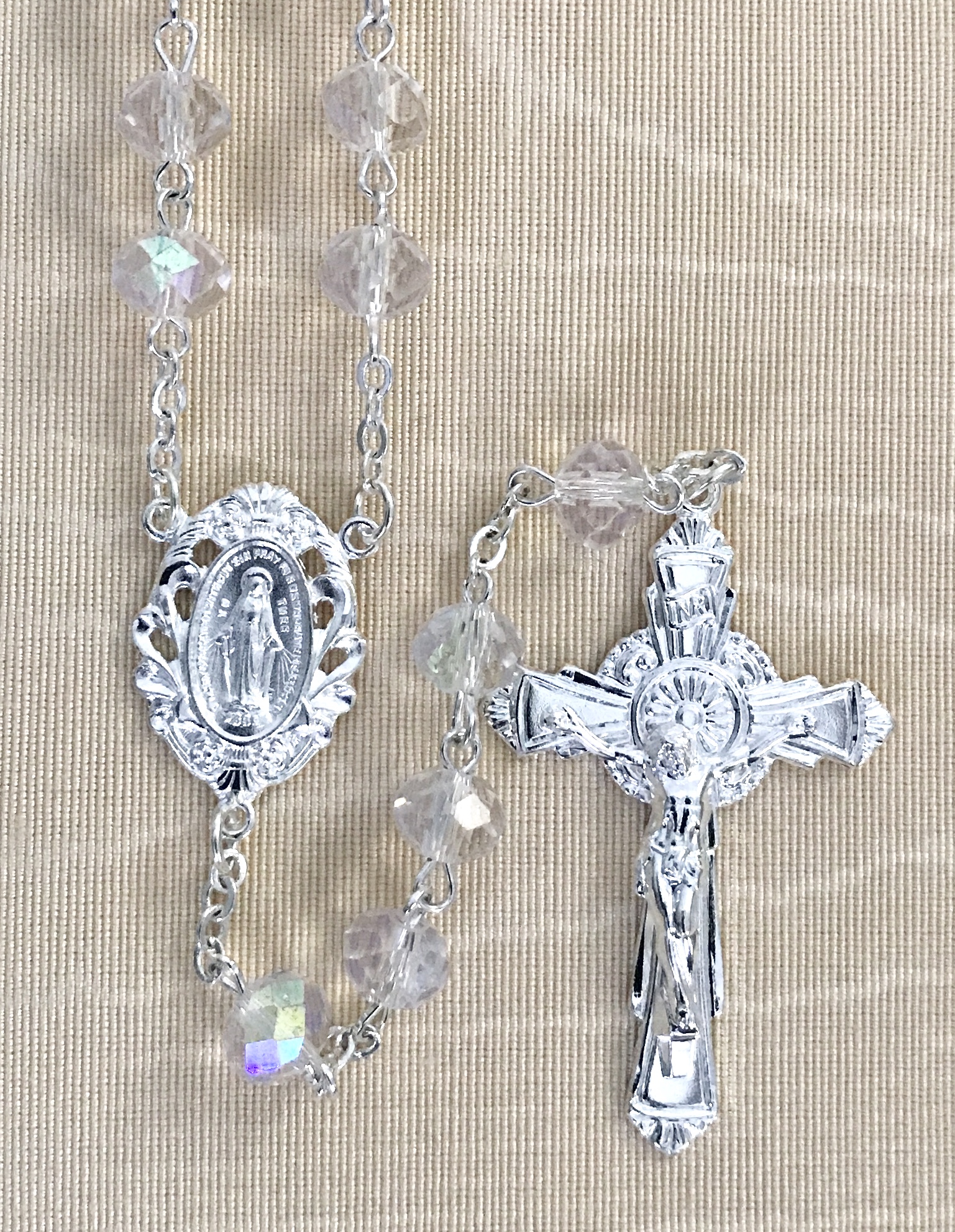 8X6 TIN CUT AB CRYSTAL ROSARY WITH STERLING SILVER PLATED CRUCIFIX AND CENTER GIFT BOXED