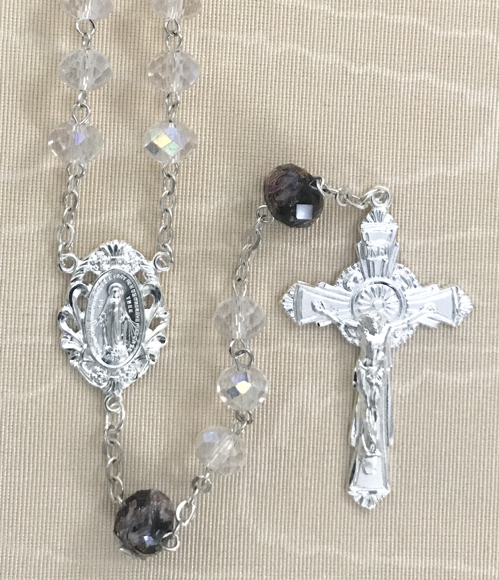 8X6 TIN CUT AB CRYSTAL ROSARY WITH STERLING SILVER PLATED CRUCIFIX AND CENTER GIFT BOXED