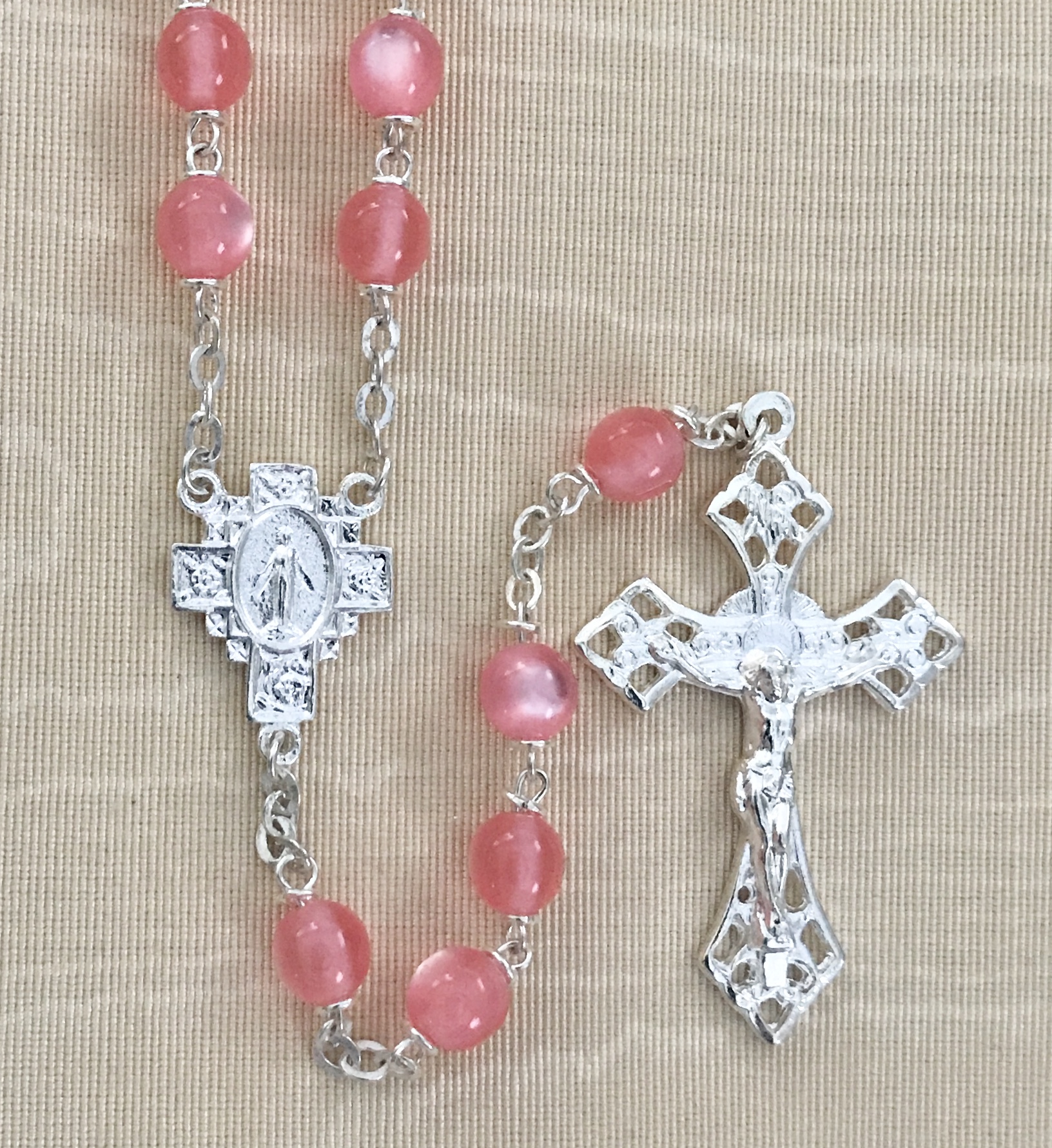 7mm PINK PEARL LOC-LINK ROSARY WITH STERLING SILVER PLATED CRUCIFIX AND CENTER GIFT BOXED