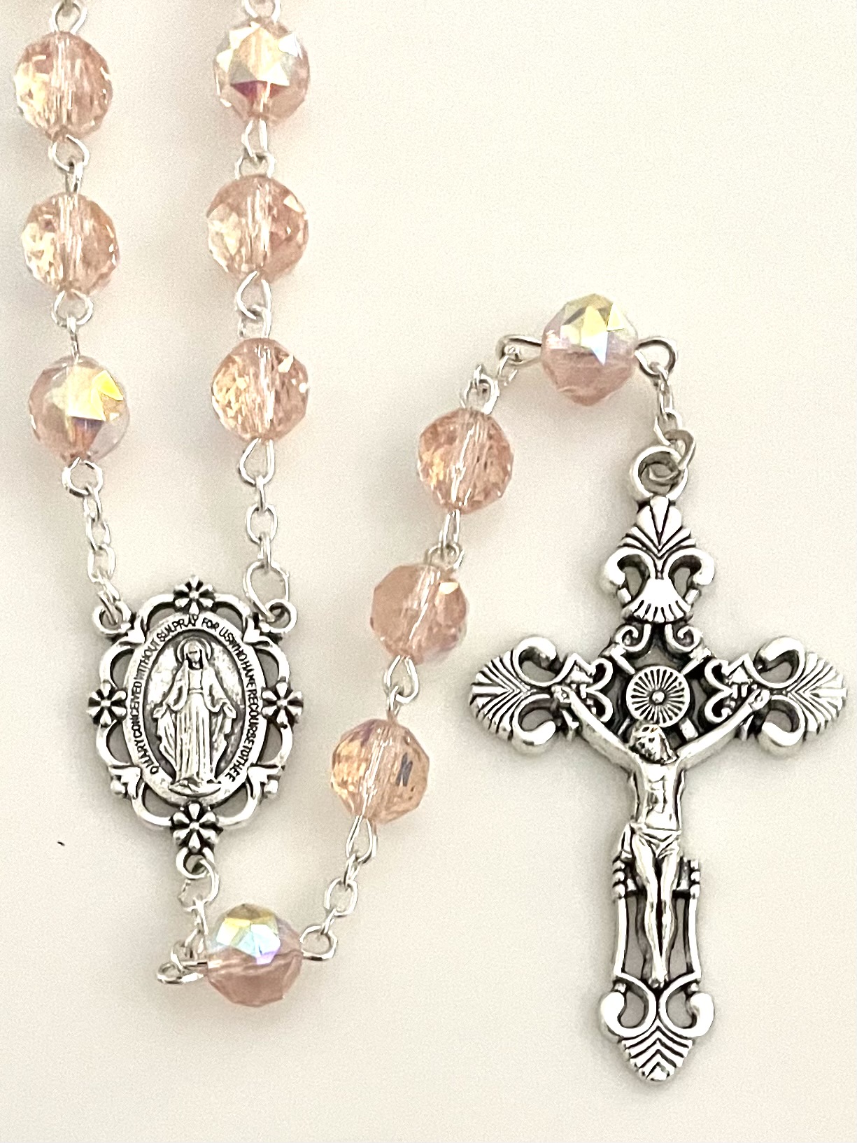 8mm TIN CUT ROSE AB ROSARY WITH SILVER OXIDIZED CRUCIFIX AND CENTER GIFT BOXED 