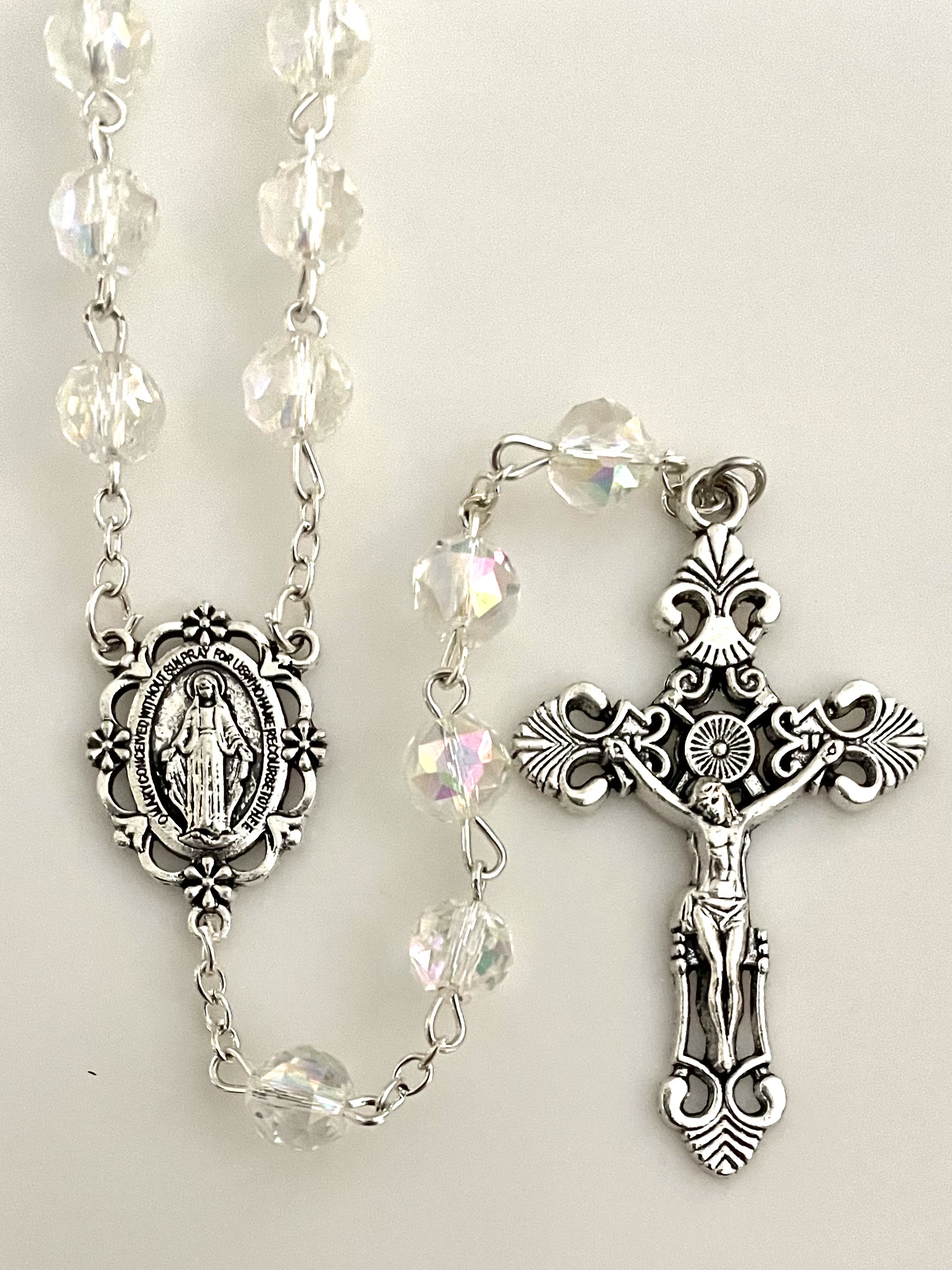 8mm TIN CUT CRYSTAL AB ROSARY WITH SILVER OXIDIZED CRUCIFIX AND CENTER GIFT BOXED 