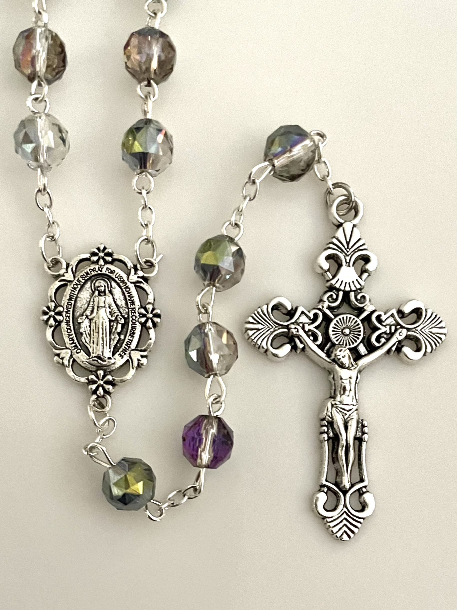 8mm TIN CUT IRIDESCENT AB ROSARY WITH SILVER OXIDIZED CRUCIFIX AND CENTER GIFT BOXED 