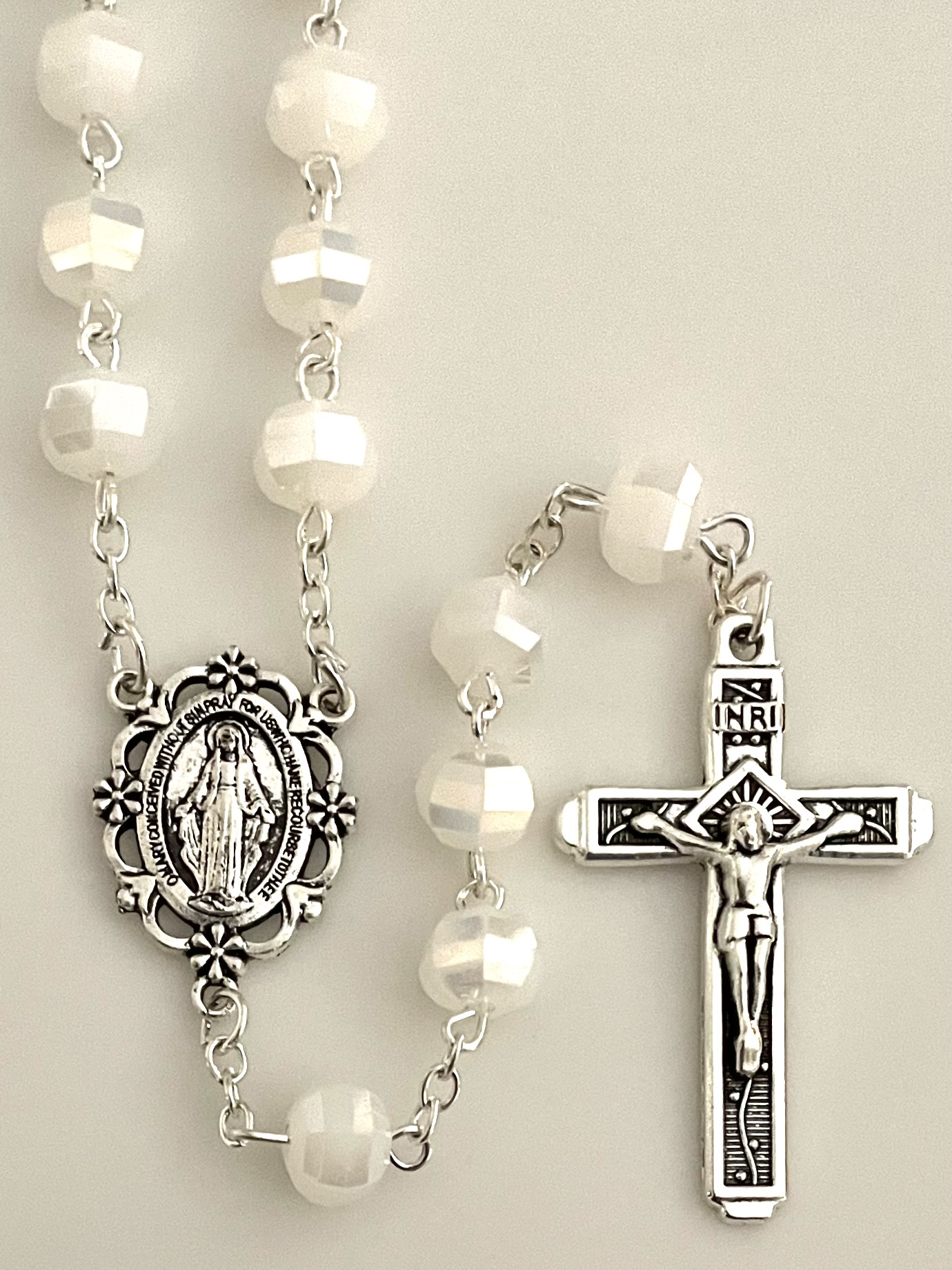 8x7mm TIN CUT OPAL ROSARY WITH SILVER OXIDIZED CRUCIFIX AND CENTER GIFT BOXED 