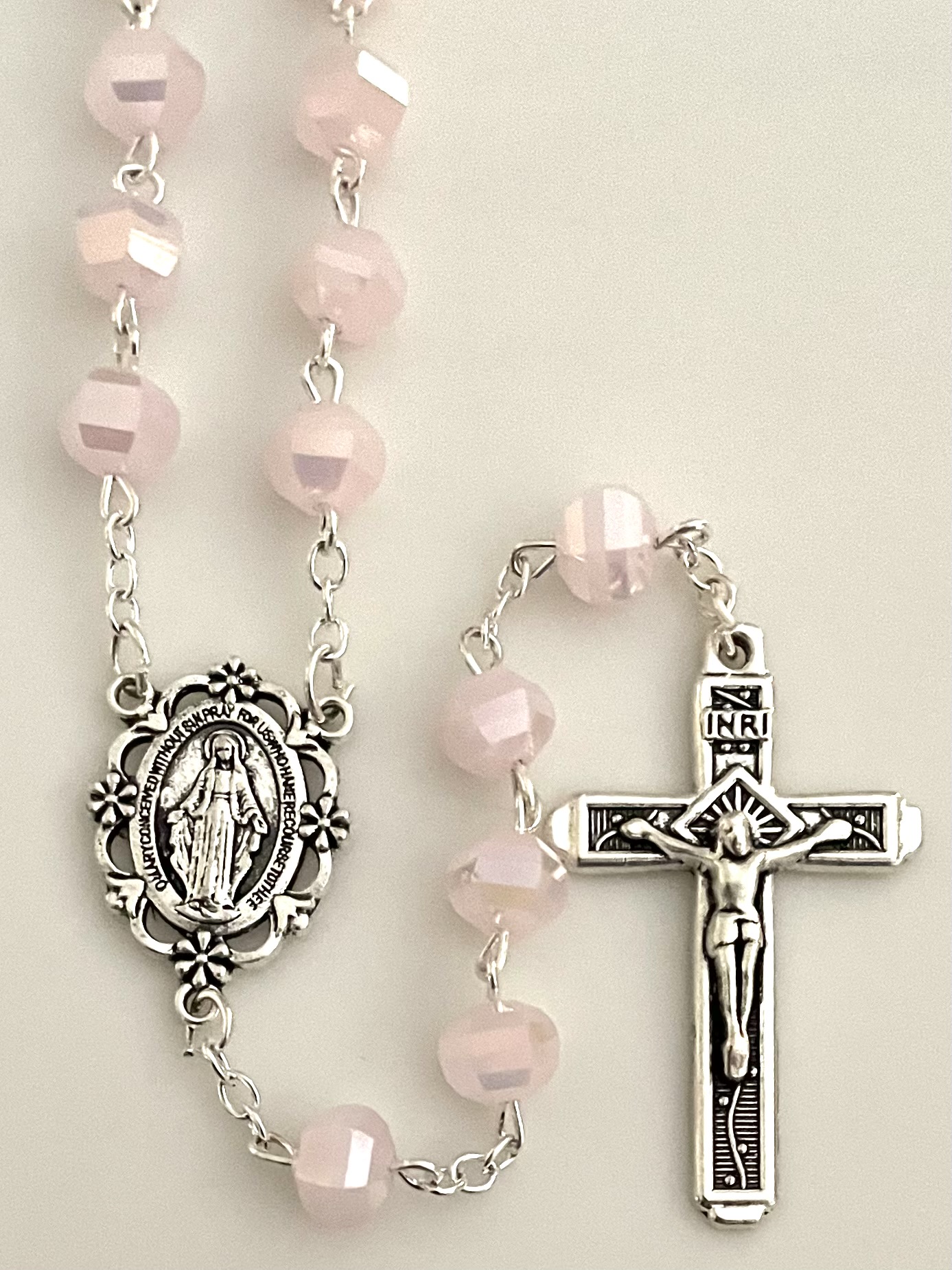 8x7mm TIN CUT ROSE ROSARY WITH SILVER OXIDIZED CRUCIFIX AND CENTER GIFT BOXED 