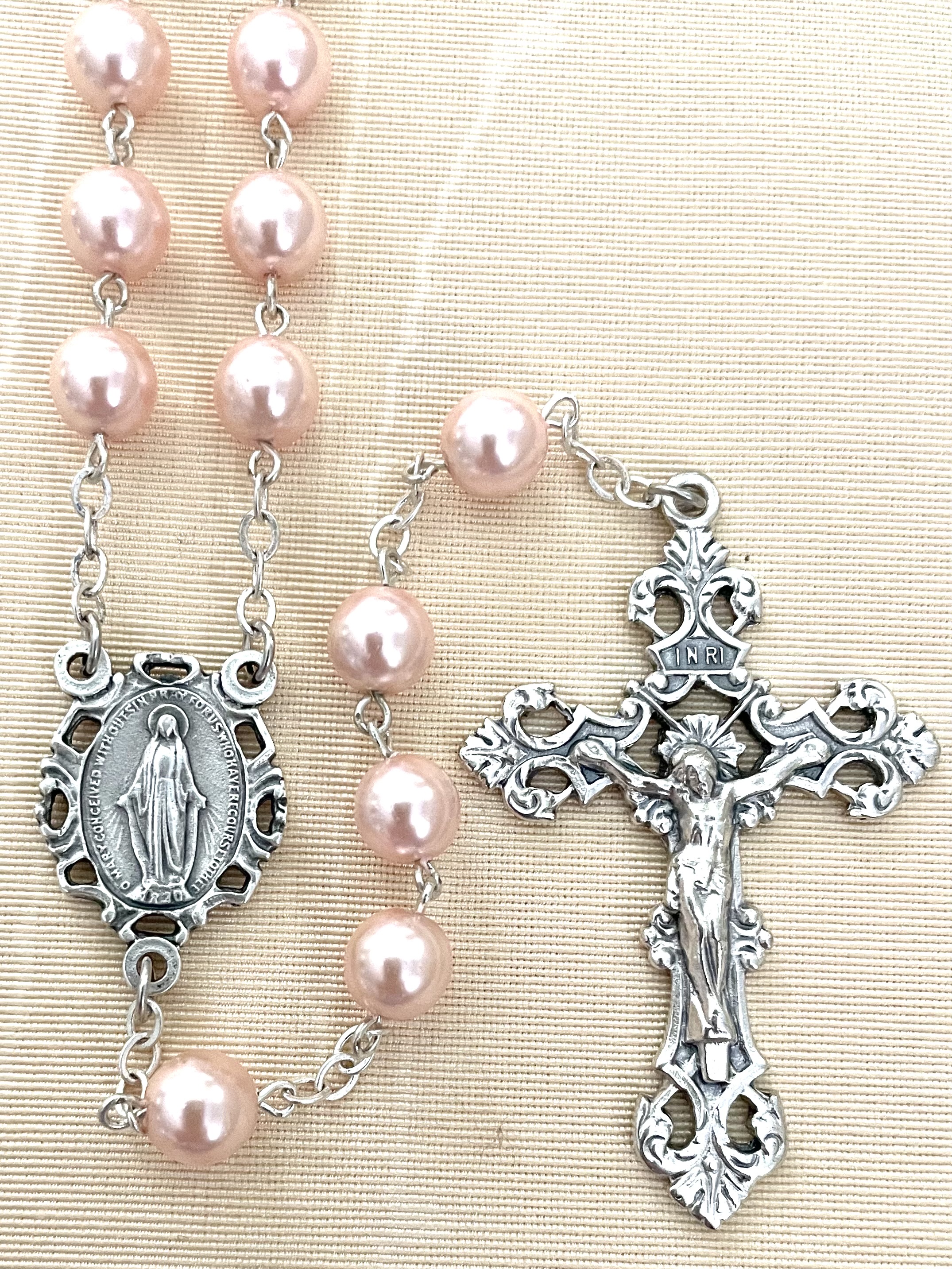 7MM PINK PEARL ROSARY WITH ROMAGNA CRUCIFIX AND CENTER GIFT BOXED