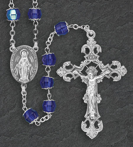 7mm Blue Glass AB Double Capped Romagna Rosary