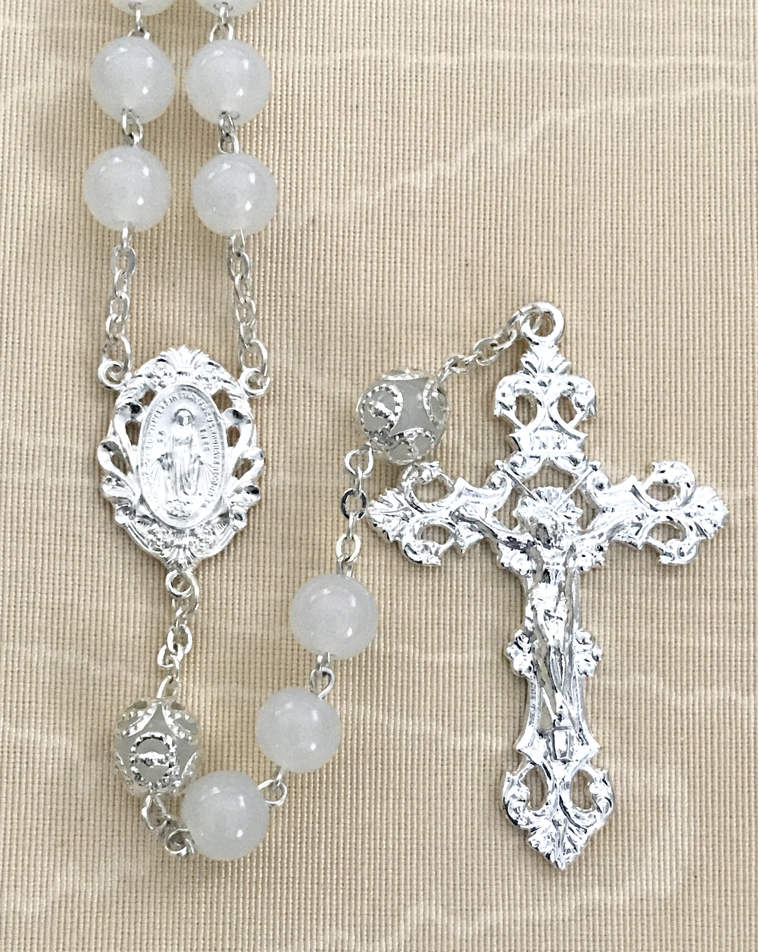 8mm WHITE GLASS ROSARY WITH CAPPED OUR FATHER BEADS AND STERLING SILVER PLATED CRUCIFIX AND CENTER GIFT BOXED