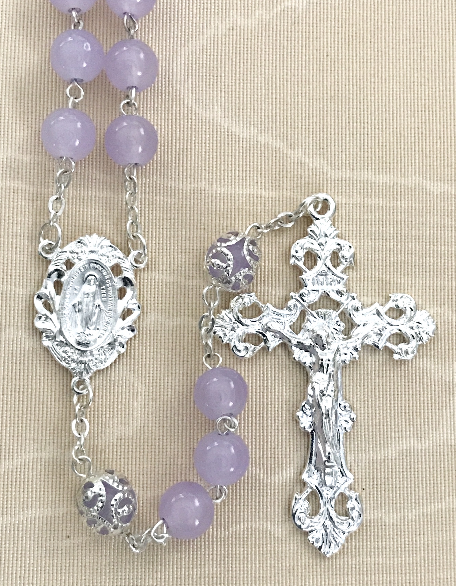 8mm AMETHYST ROMAGNA ROSARY WITH CAPPED OUR FATHER BEADS AND STERLING SILVER PLATED CRUCIFIX AND CENTER GIFT BOXED
