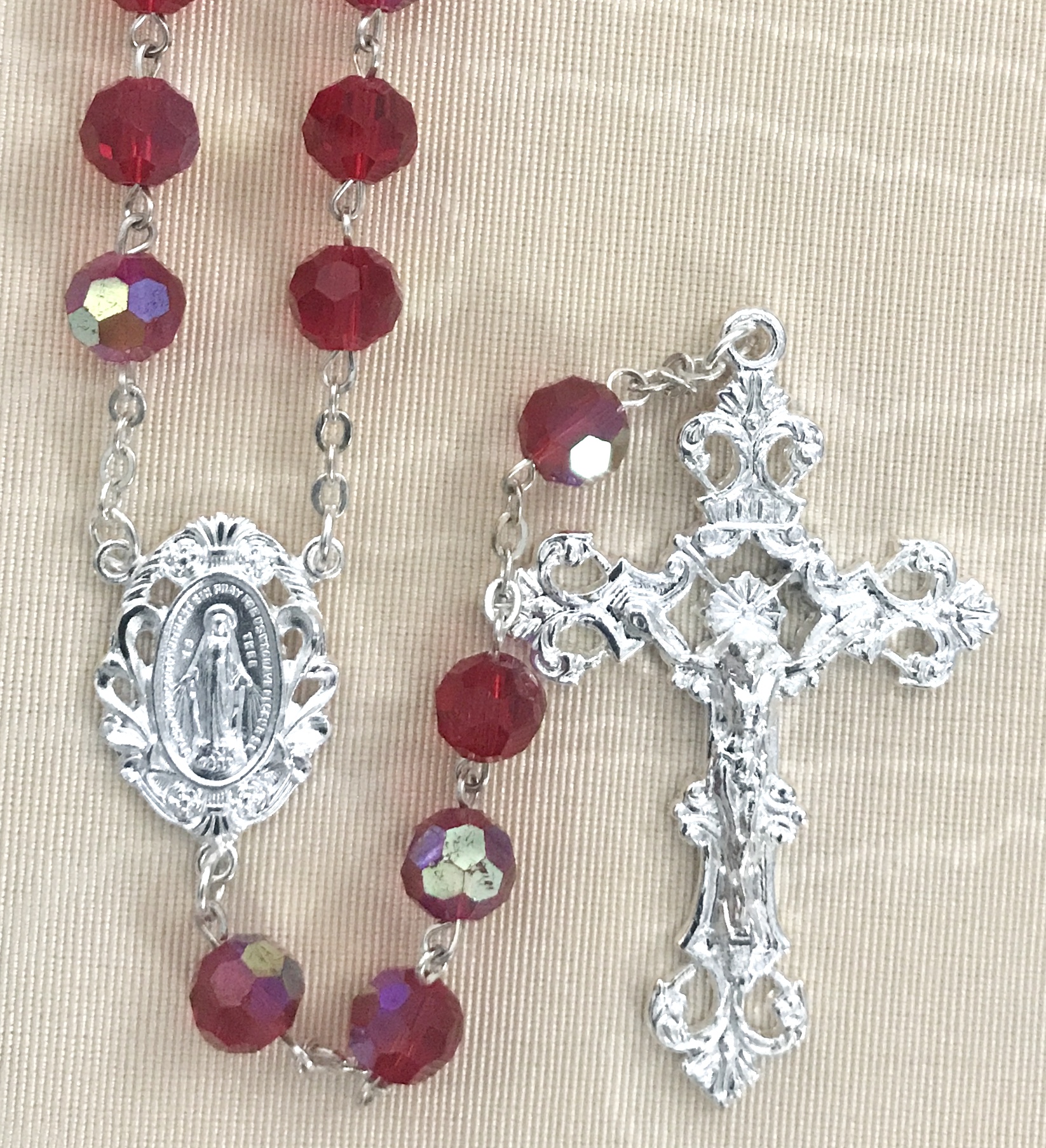8mm RUBY TIN CUT ROSARY WITH STERLING SILVER PLATED CRUCIFIX AND CENTER GIFT BOXED