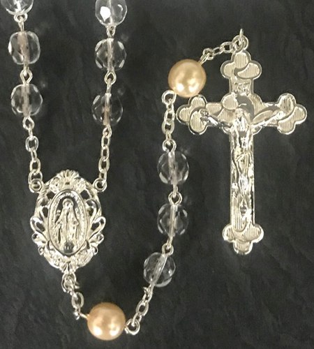 6mm CRYSTAL with PEARL OUR FATHER S.S. PLATE LOC-LINK ROSARY BOXED