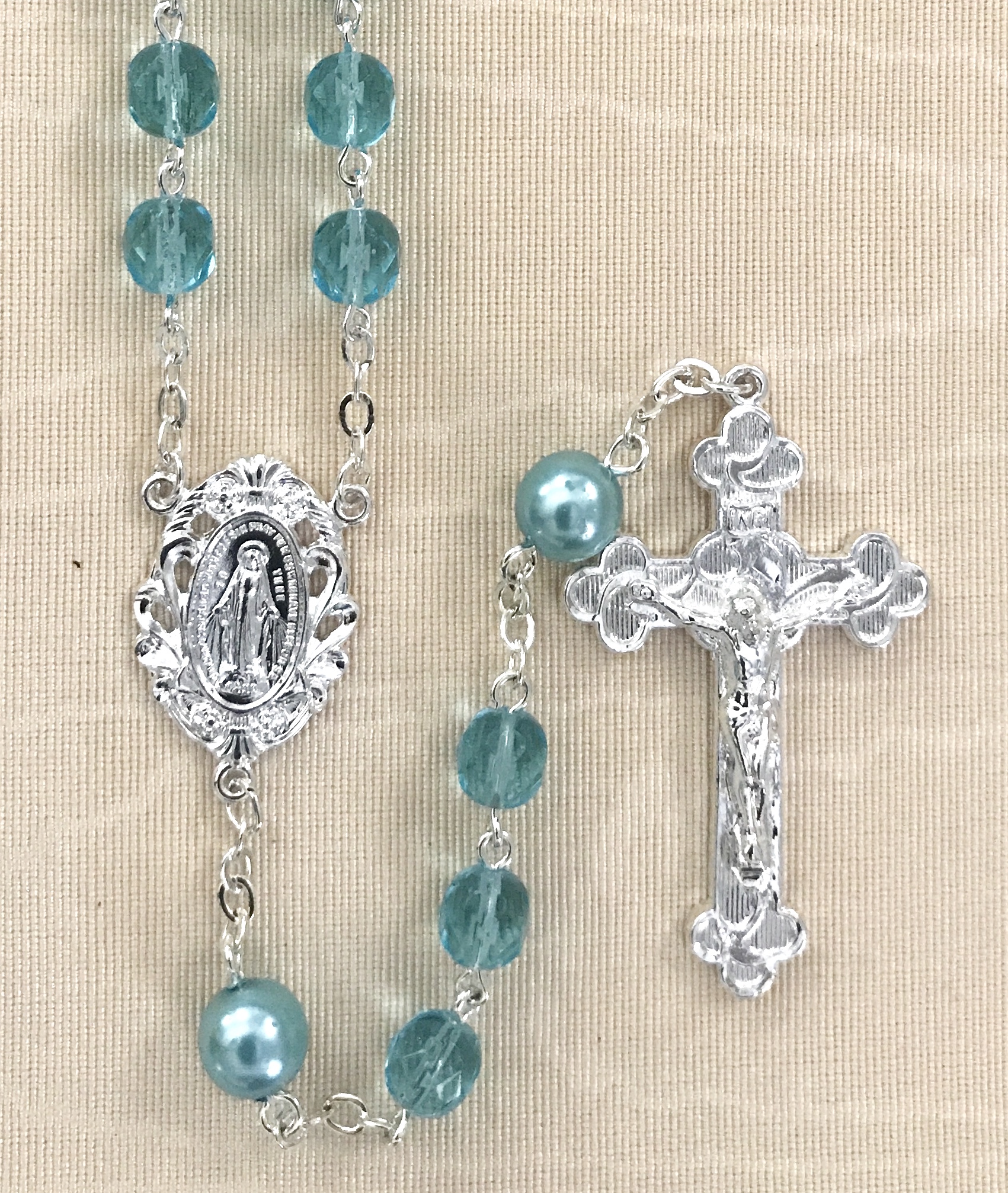 6mm AQUA WITH PEARL OUR FATHER BEADS STERLING SILVER PLATED ROSARY GIFT BOXED