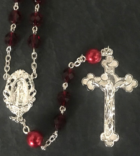 6mm GARNET with RUBY PEARL OUR FATHER STERLING SILVER PLATED CENTER, CRUCIFIX WIRE AND CHAIN CONFIRMATION ROSARY BOXED