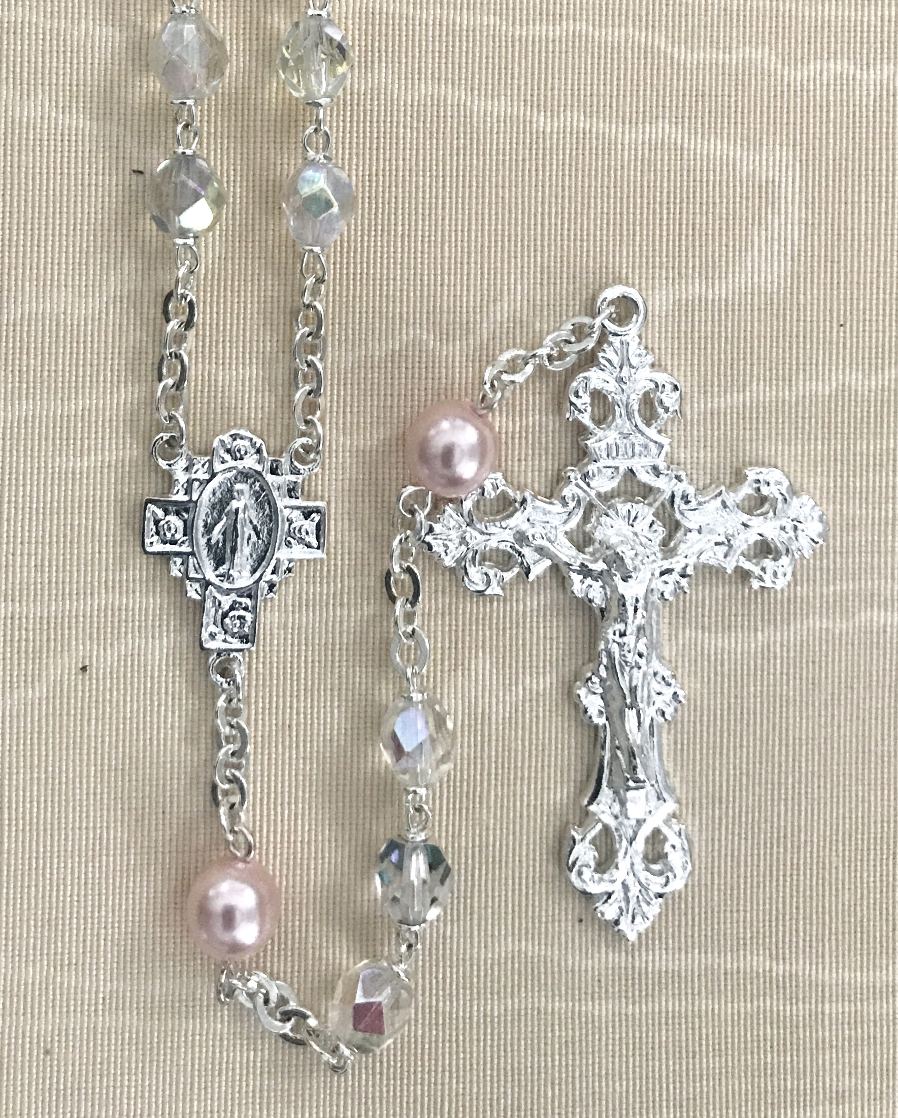 7mm CRYSTAL AB WITH ROSE PEARL OUR FATHER BEADS STERLING SILVER PLATED ROSARY GIFT BOXED
