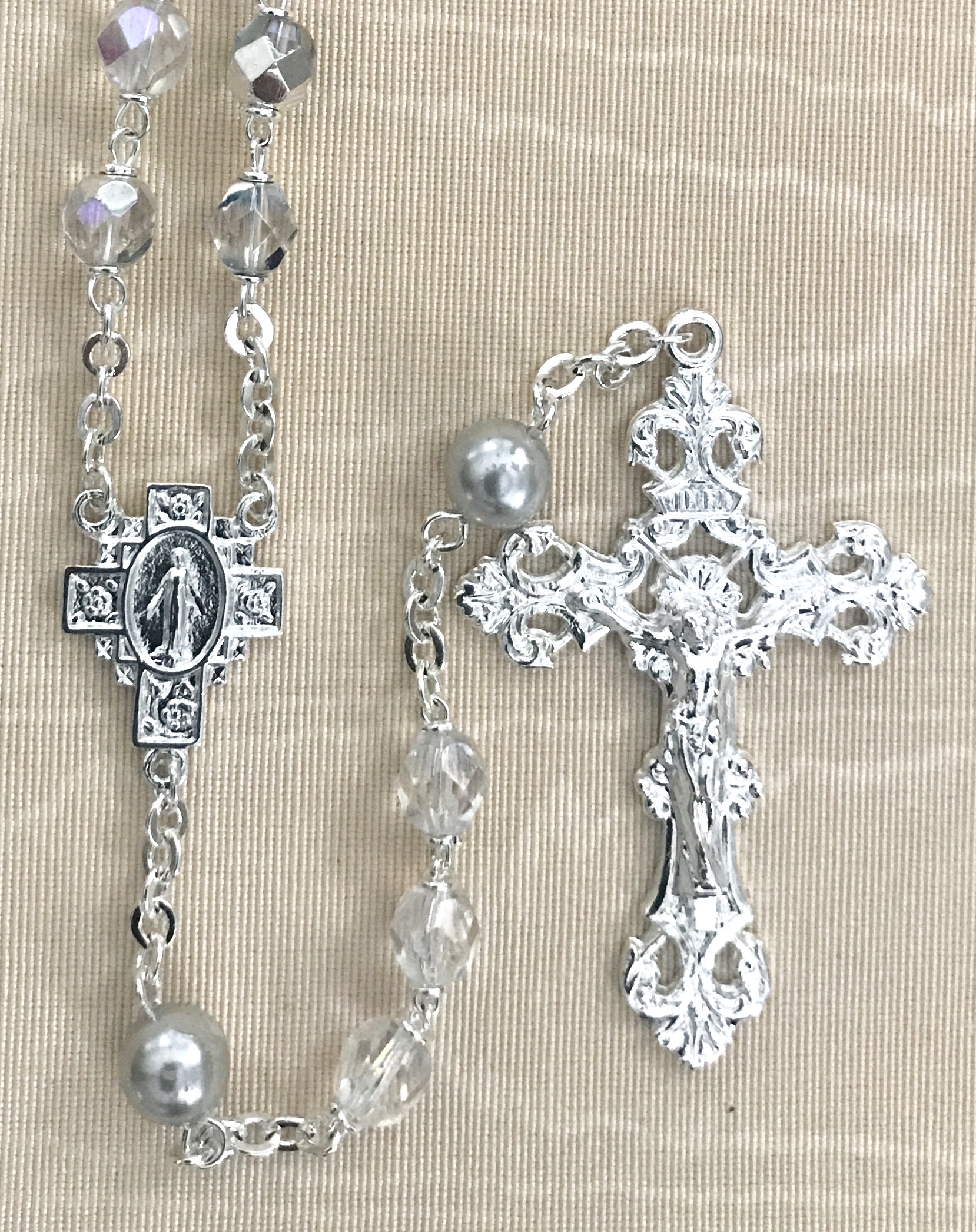 7mm CRYSTAL AB WITH LIGHT SAPPHIRE PEARL OUR FATHER BEADS STERLING SILVER PLATED ROSARY GIFT BOXED