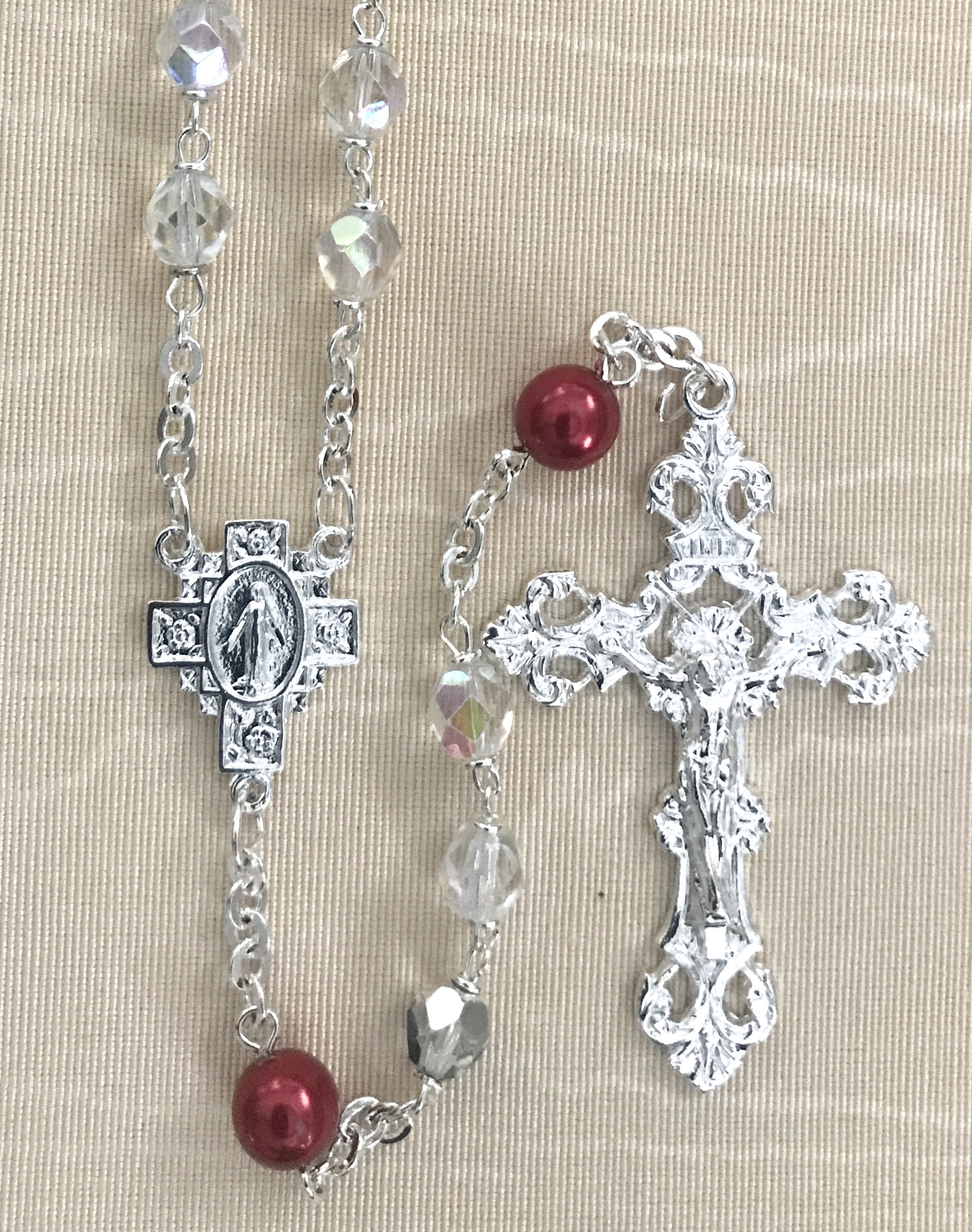 7mm CRYSTAL AB WITH RUBY PEARL OUR FATHER BEADS STERLING SILVER PLATED ROSARY GIFT BOXED