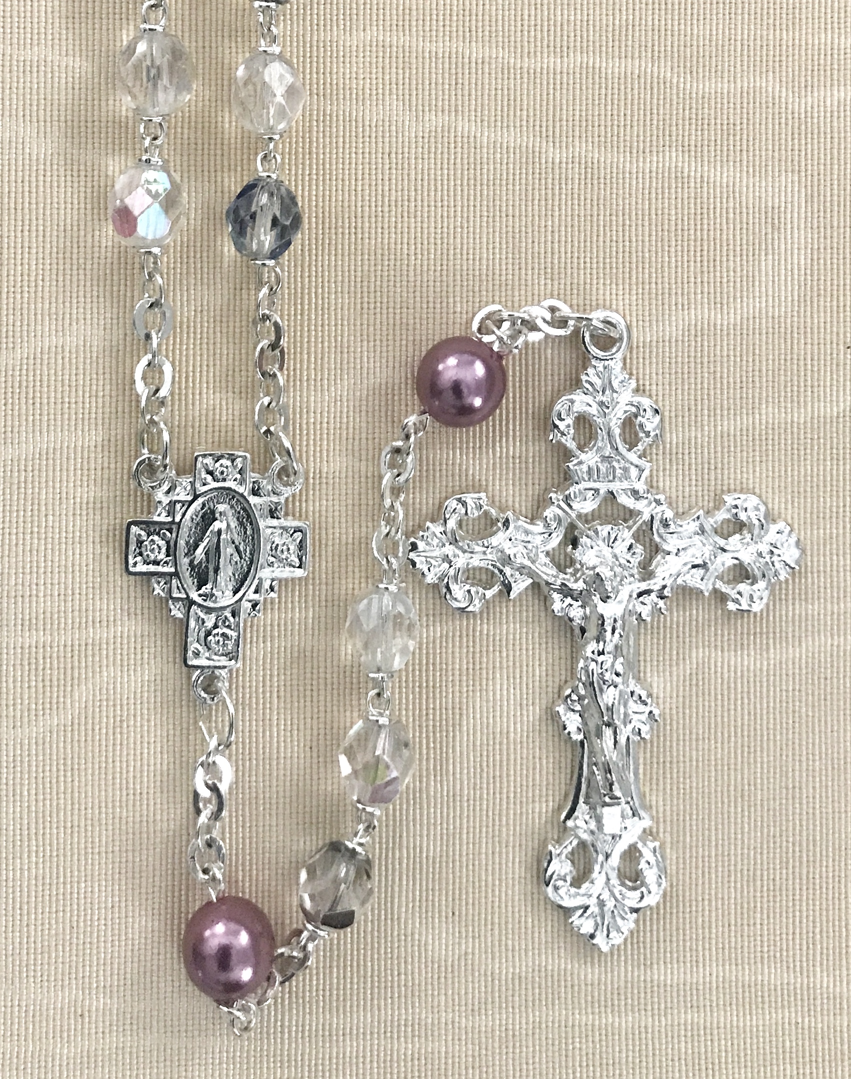 7mm CRYSTAL AB WITH DARK AMETHYST PEARL OUR FATHER BEADS STERLING SILVER PLATED ROSARY GIFT BOXED