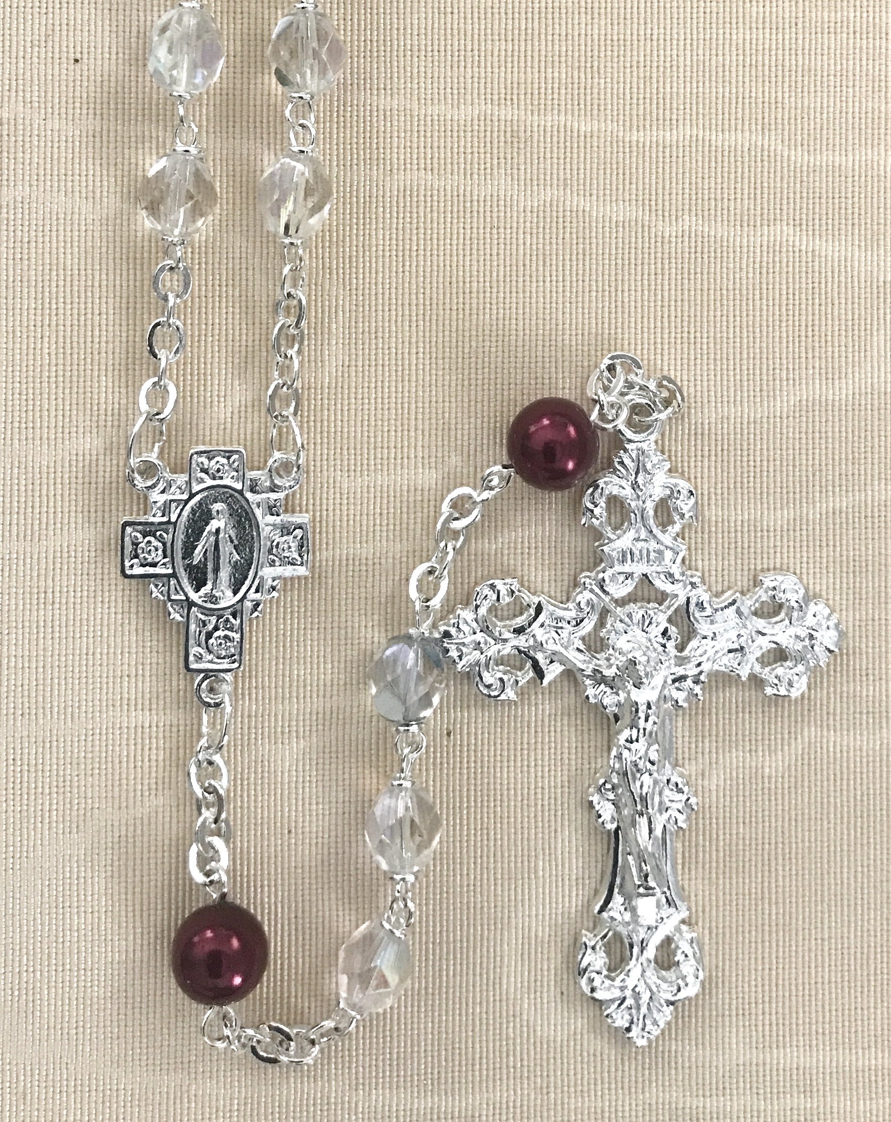 7mm CRYSTAL AB WITH GARNET PEARL OUR FATHER BEADS STERLING SILVER PLATED ROSARY GIFT BOXED