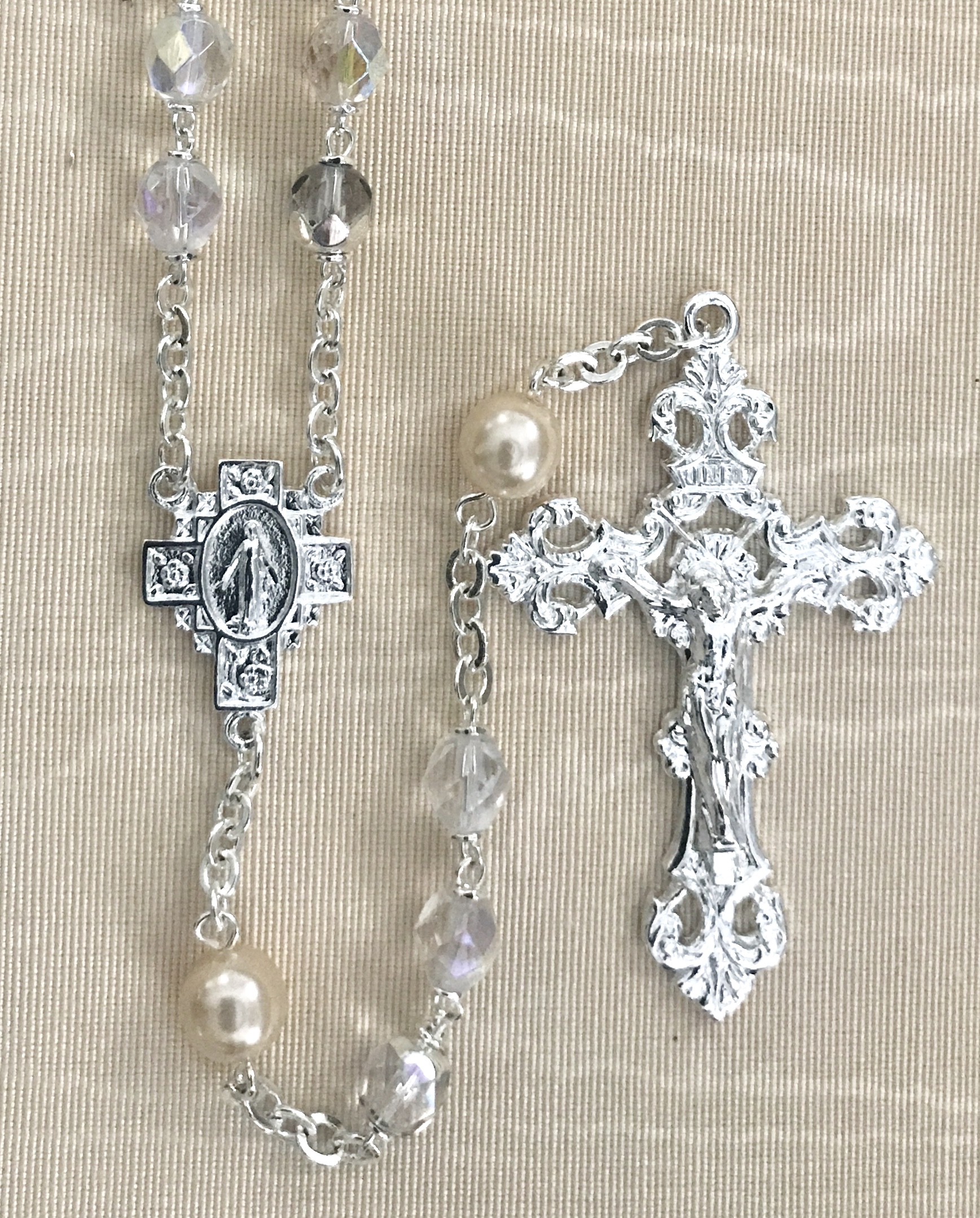7mm CRYSTAL AB WITH TOPAZ PEARL OUR FATHER BEADS STERLING SILVER PLATED ROSARY GIFT BOXED