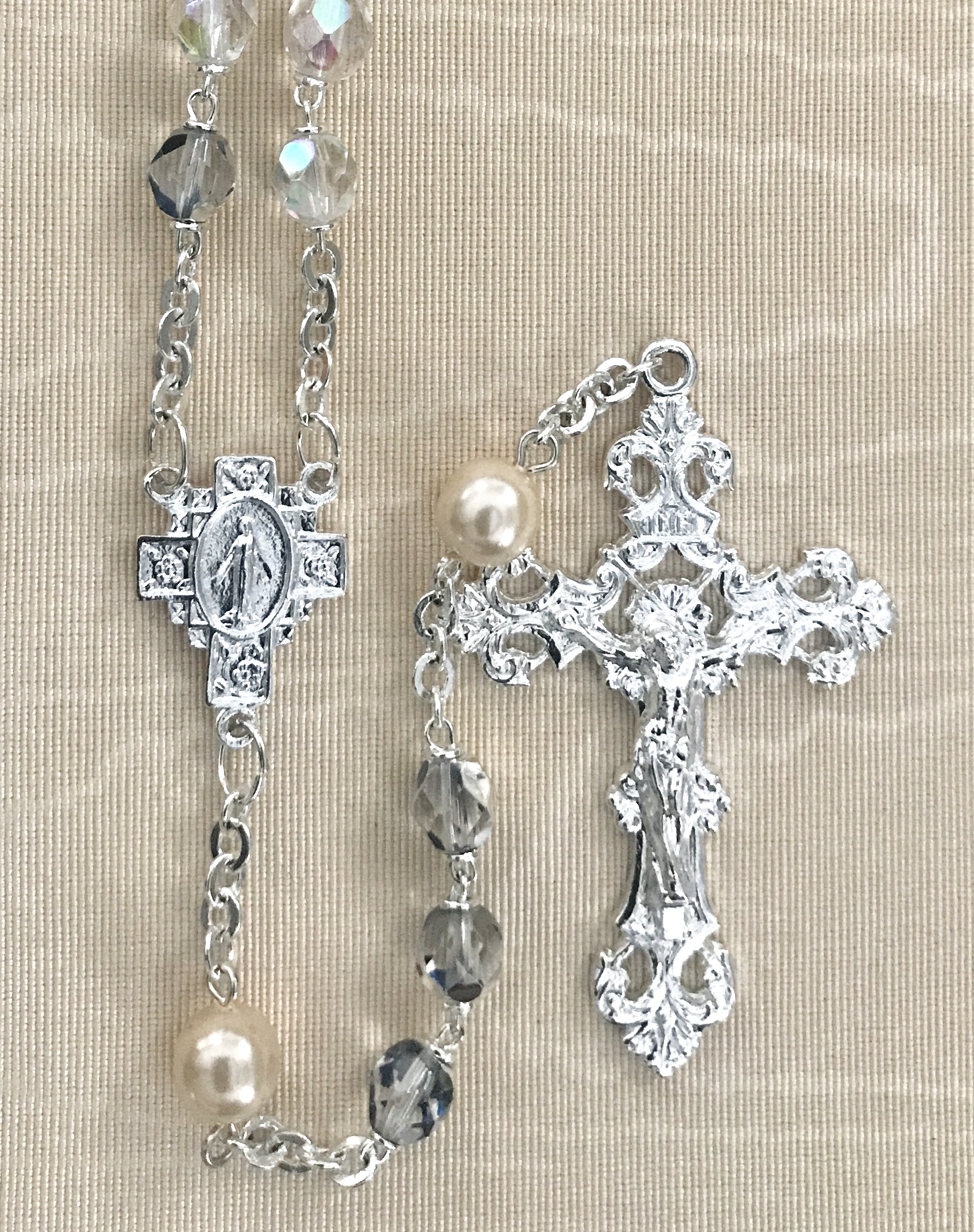 7mm CRYSTAL AB WITH PEARL OUR FATHER BEADS STERLING SILVER PLATED ROSARY GIFT BOXED