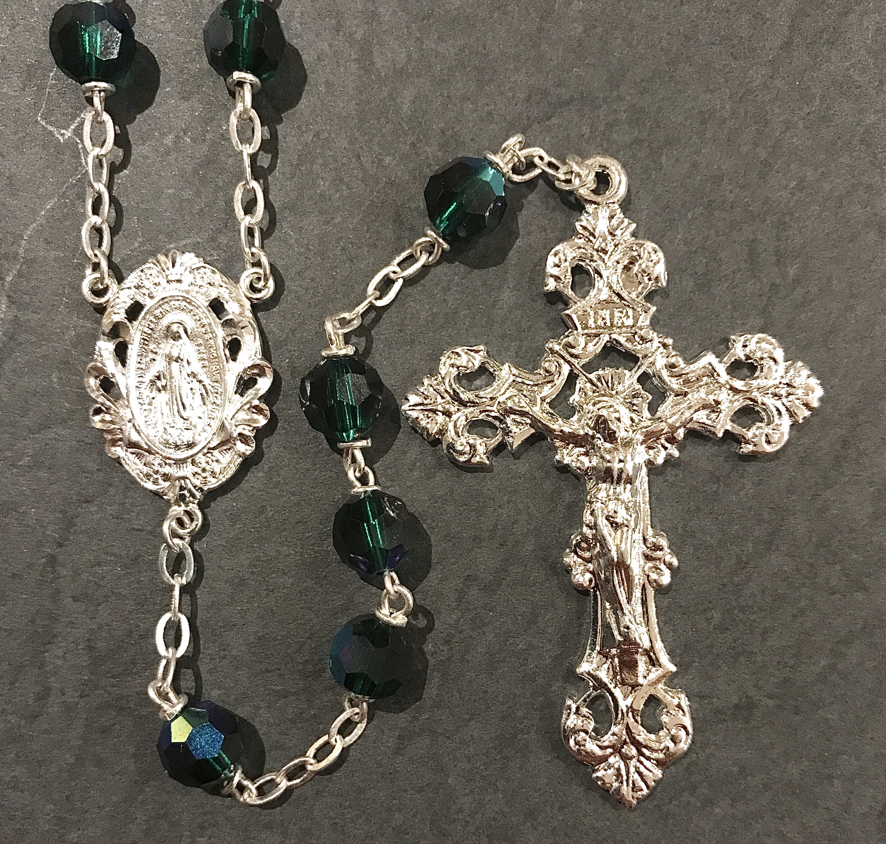 7mm EMERALD TIN CUT AB ROSARY WITH STERLING SILVER PLATED CRUCIFIX, CENTER, WIRE, CHAIN GIFT BOXED