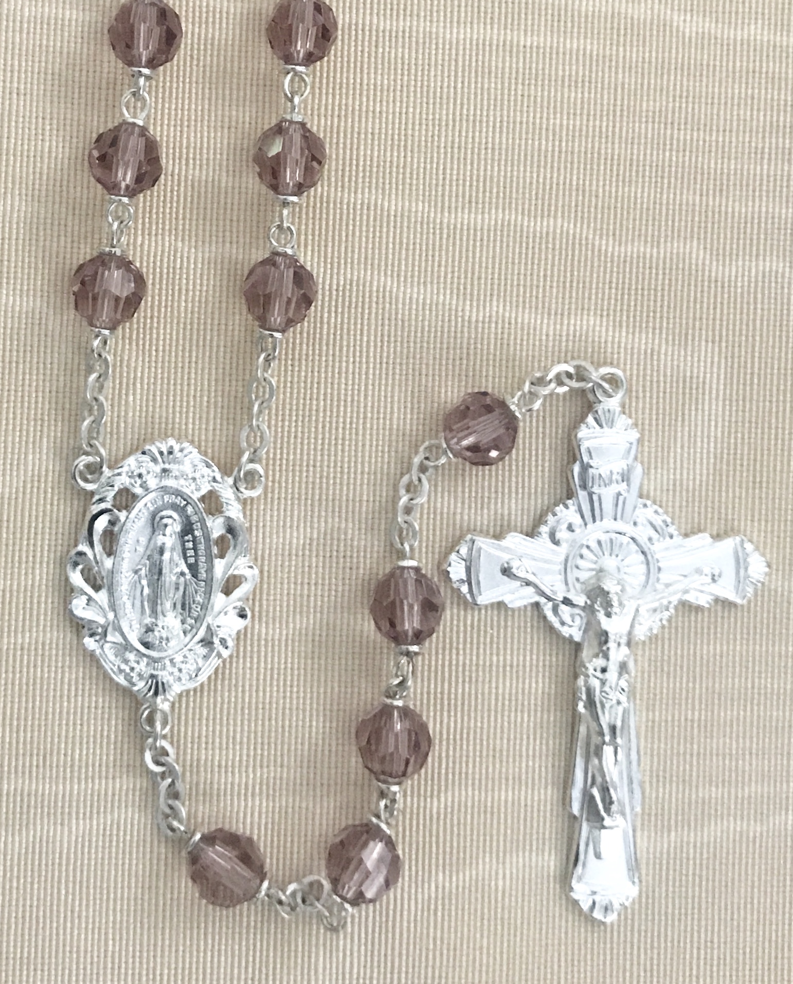 6mm AMETHYST TIN CUT LOC-LINK STERLING SILVER PLATED ROSARY GIFT BOXED