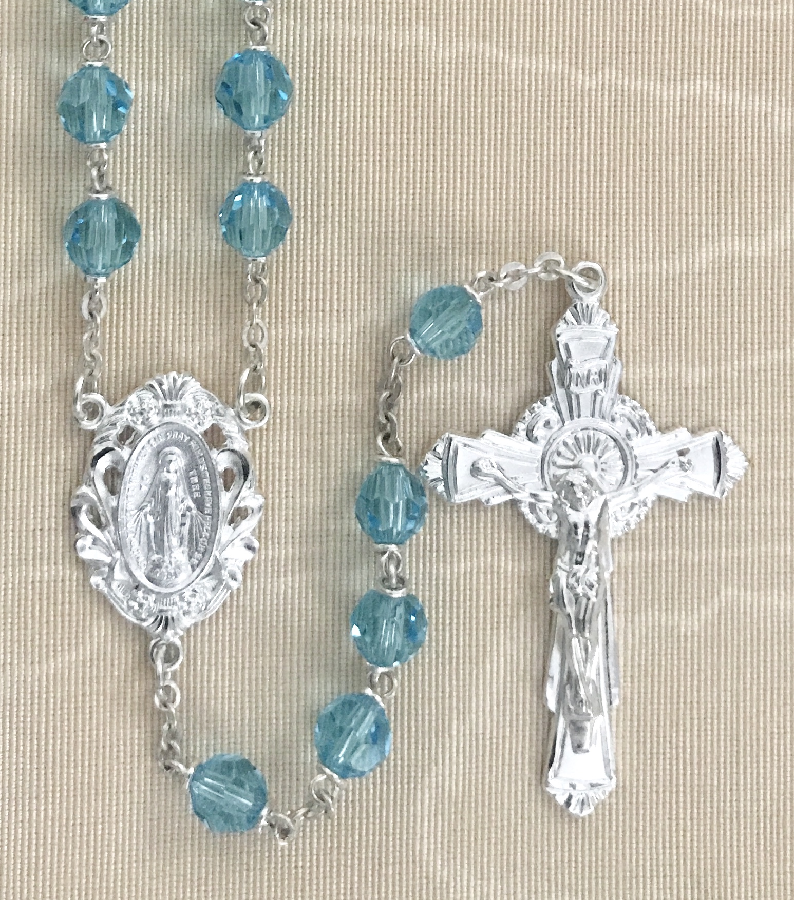 6mm AQUA TIN CUT LOC-LINK STERLING SILVER PLATED ROSARY GIFT BOXED