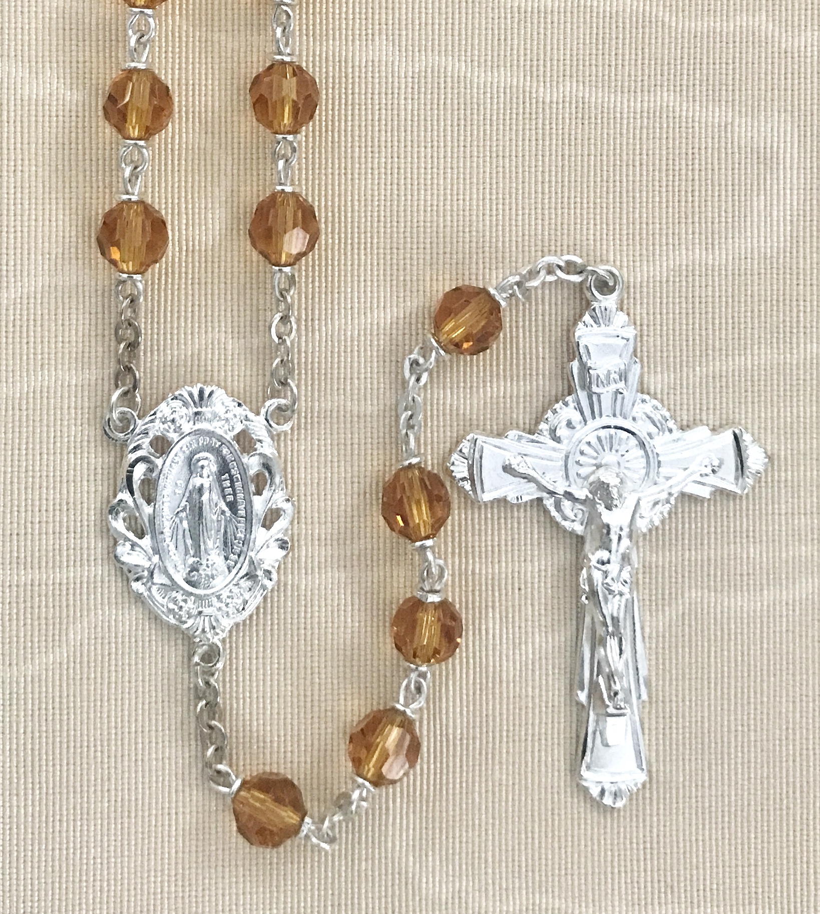 6mm TOPAZ TIN CUT LOC-LINK STERLING SILVER PLATED ROSARY GIFT BOXED