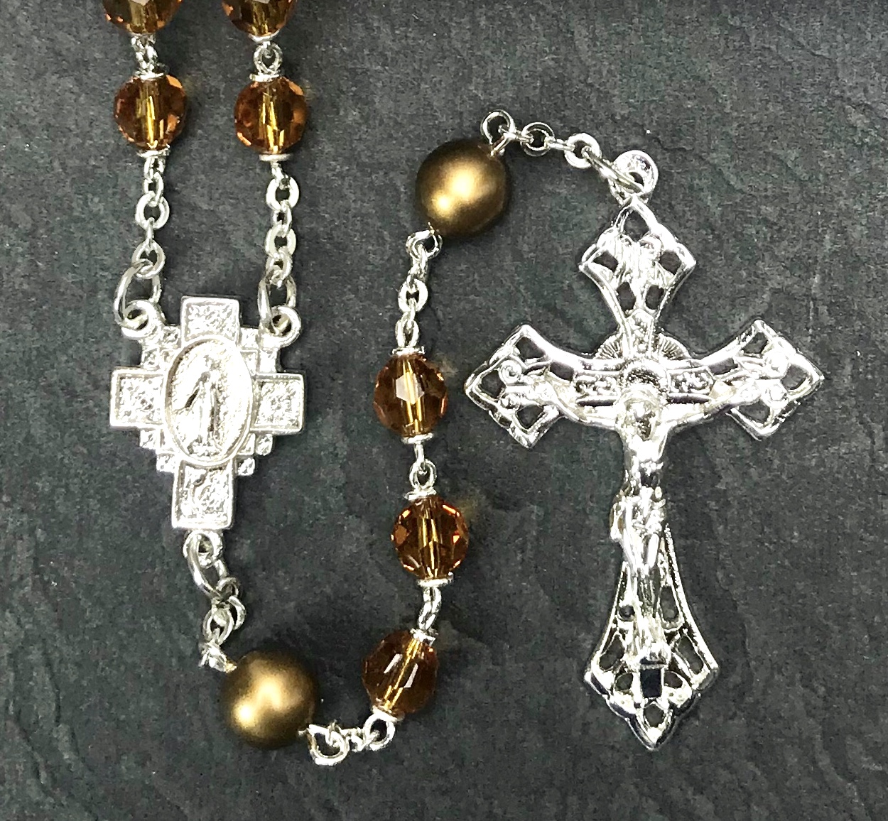 6mm TOPAZ TIN CUT WITH PEARL OUR FATHER BEADS WITH STERLING SILVER PLATE  ROSARY BOXED