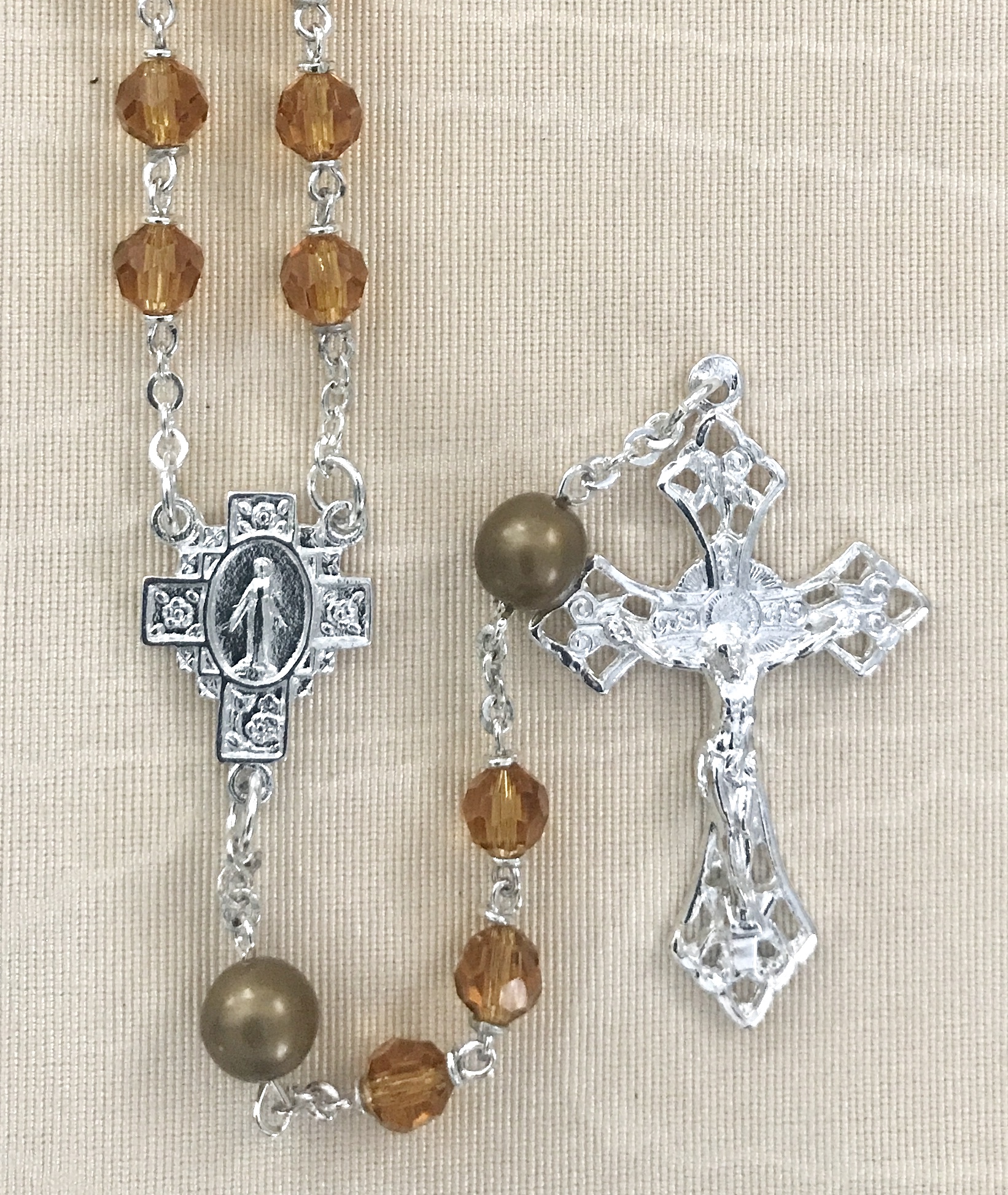 6mm TOPAZ TIN CUT WITH PEARL OUR FATHER BEADS STERLING SILVER PLATED ROSARY GIFT BOXED