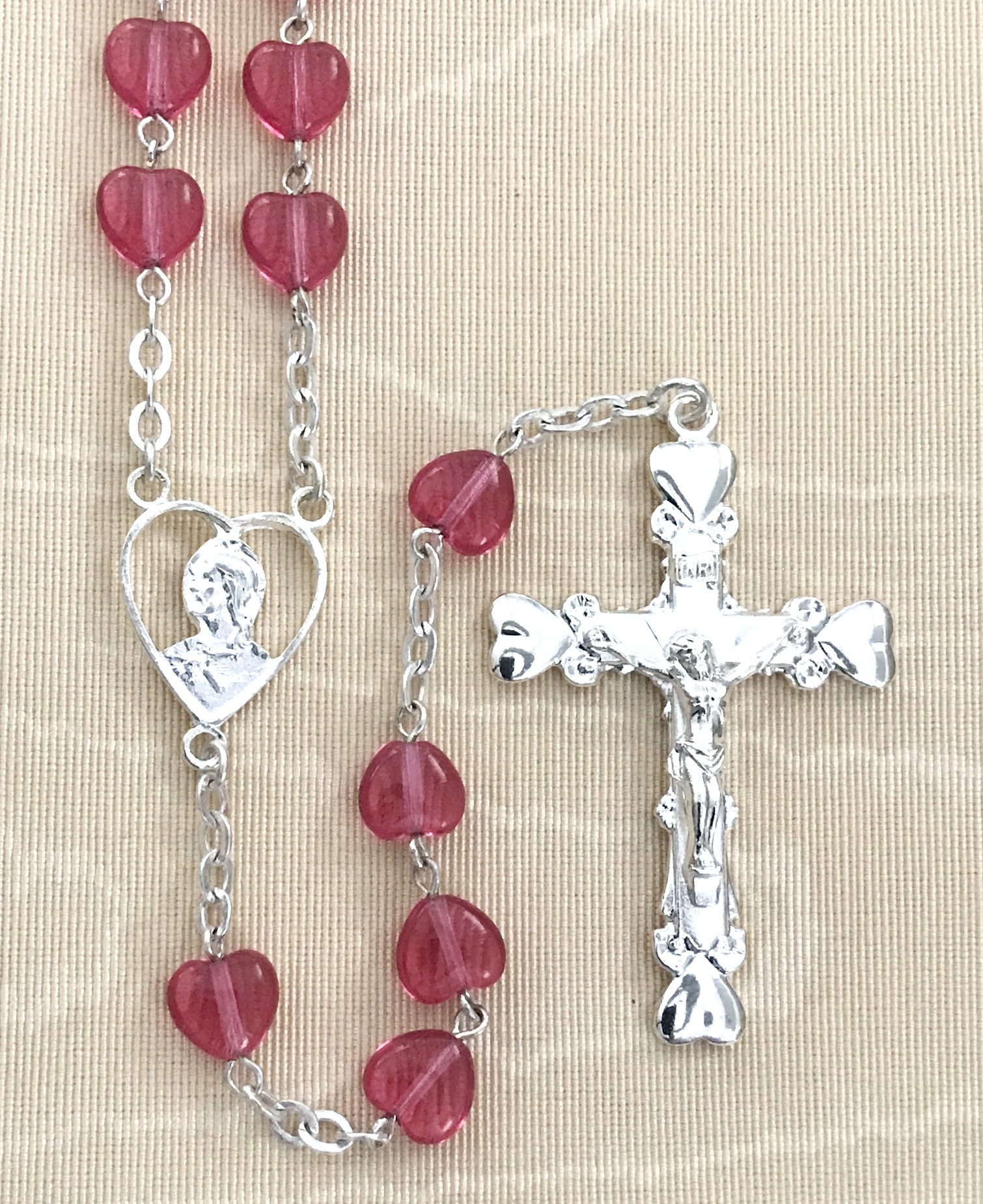 7mm ROSE HEART SHAPED ROSARY WITH STERLING SILVER PLATED CRUCIFIX AND CENTER GIFT BOXED