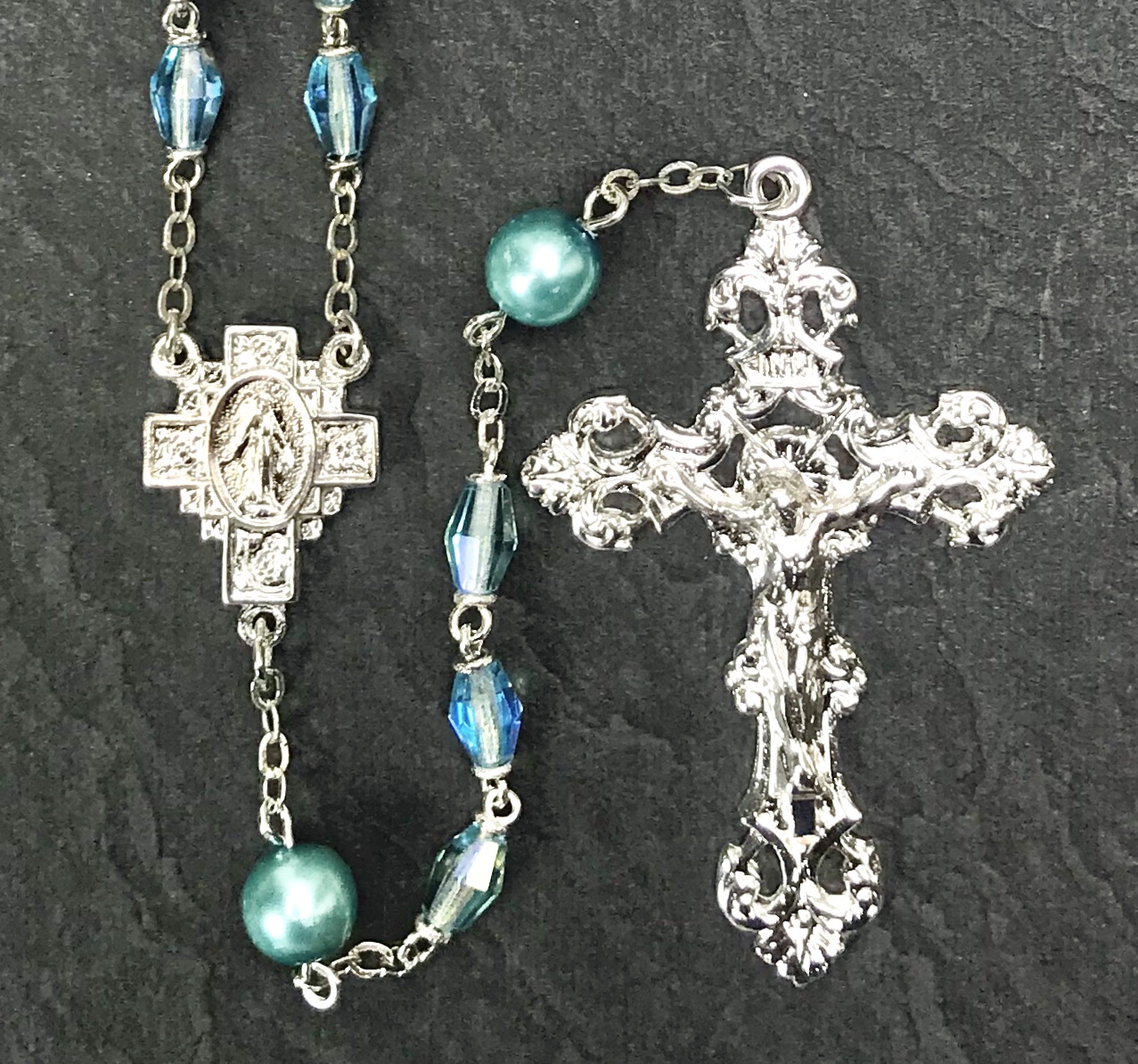 6x8mm AQUA LOC LINK WITH AQUA PEARL OUR FATHER BEADS STERLING SILVER PLATE ROSARY BOXED