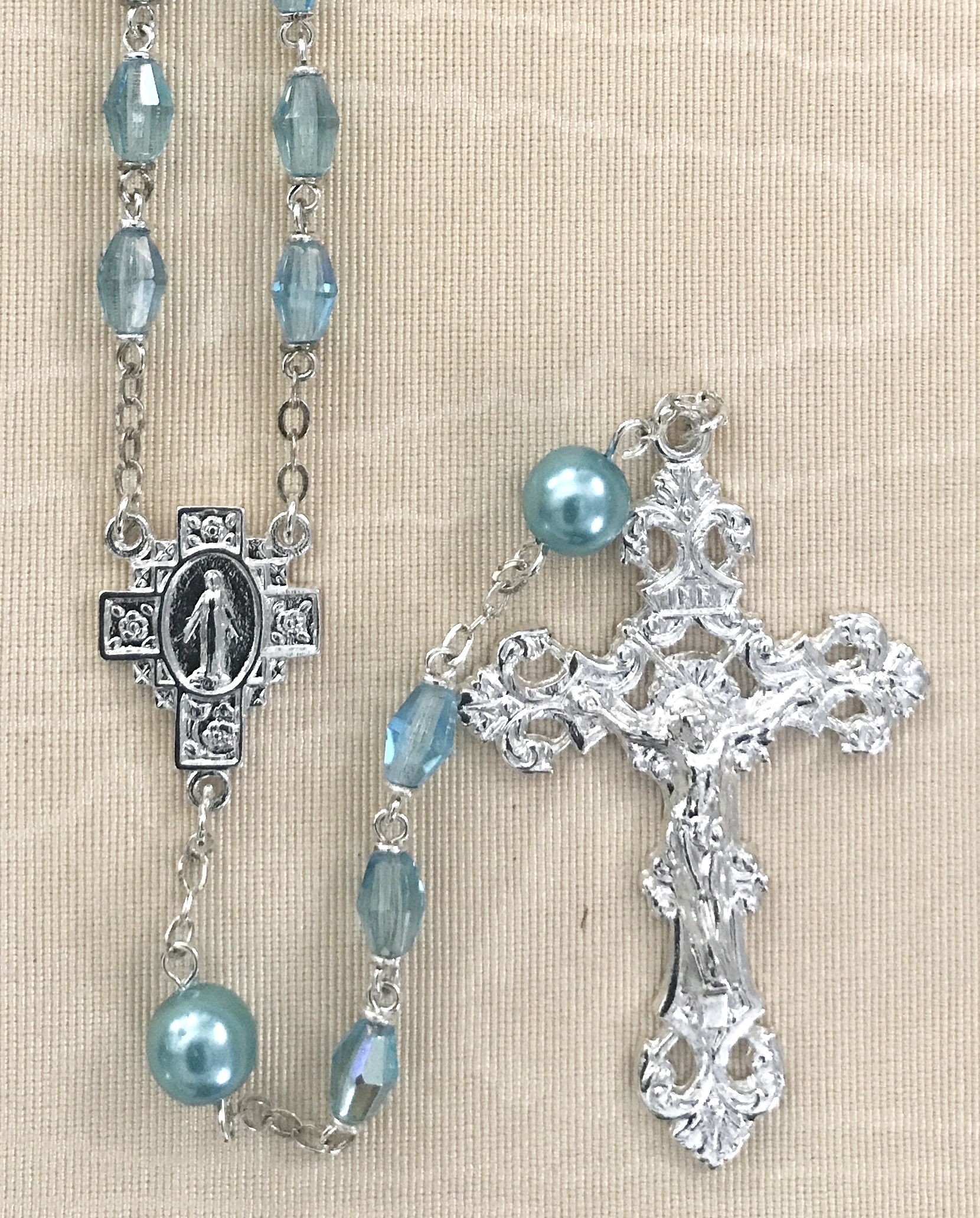 6x8mm AQUA LOC LINK WITH AQUA OUR FATHER BEADS STERLING SILVER PLATED ROSARY GIFT BOXED