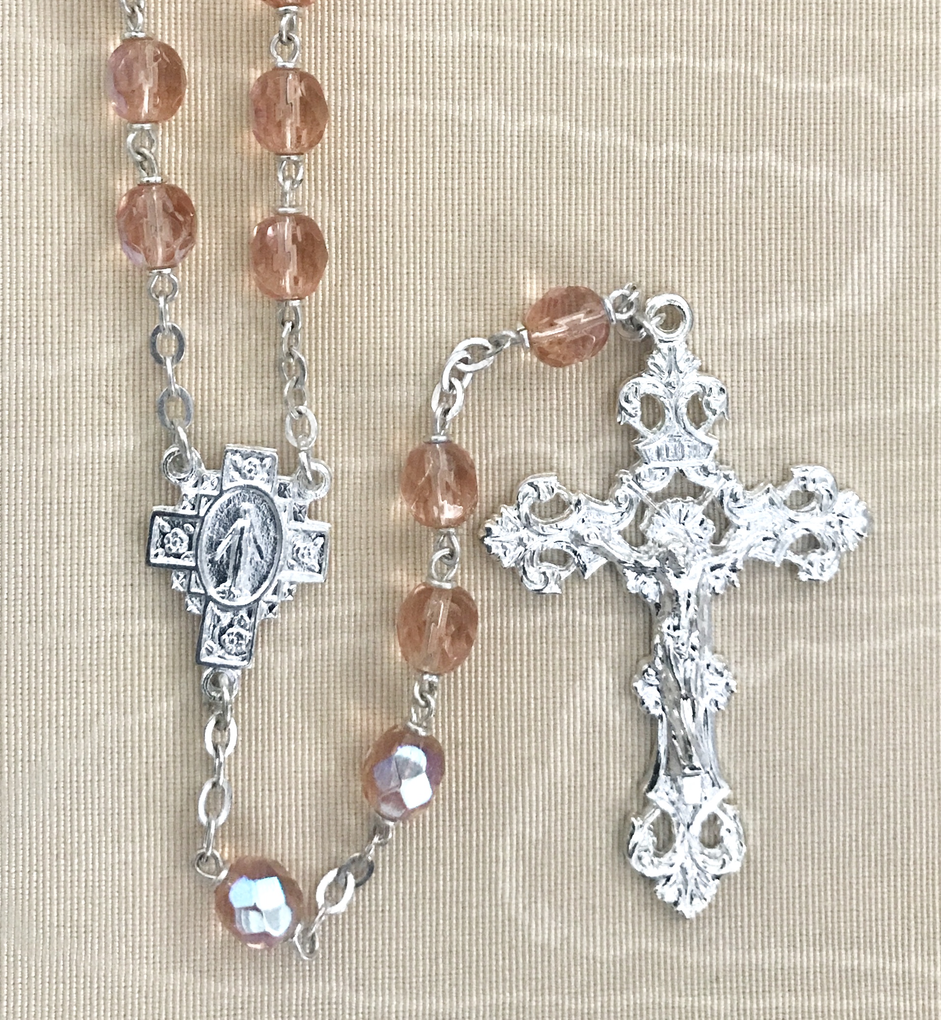 7mm ROUND PINK AB ROSARY WITH STERLING SILVER PLATED CRUCIFIX AND CENTER GIFT BOXED