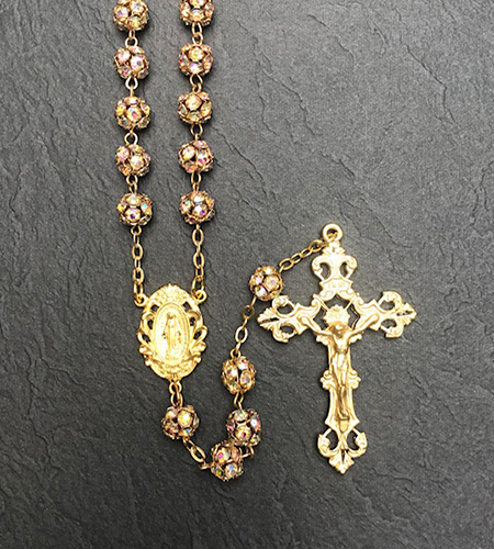 8MM CRYSTAL AB GOLD RHINESTONE ROSARY